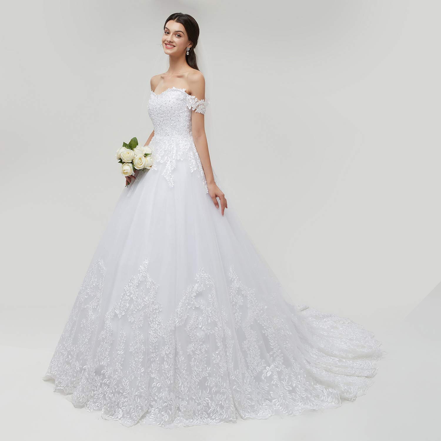 Engerla Women's Off Shoulder Wedding Dress with Applique & Chapel Train - Plus Size Bridal Ball Gown for Princess Bride | Perfect for Church Ceremony, Beach Wedding & Formal Reception