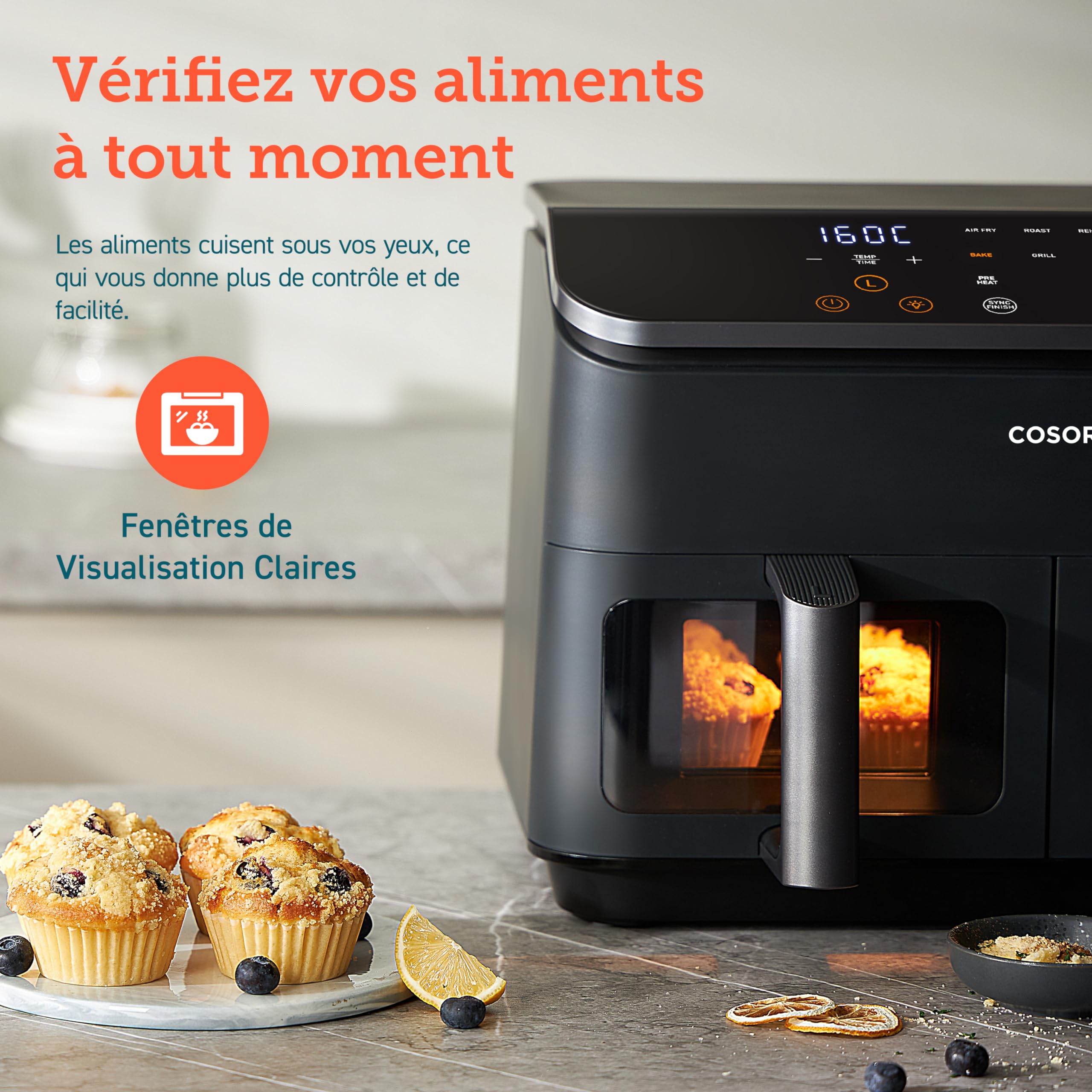 COSORI 8.5L Dual Zone Air Fryer - Oil Free Deep Fryer with 55% Energy Saving, 85% Less Oil - Large Capacity for 8 People - Sync Cooking at 35-230°C - Includes Recipe Book - Perfect for Family Meals, Healthy Snacks and Party Cooking
