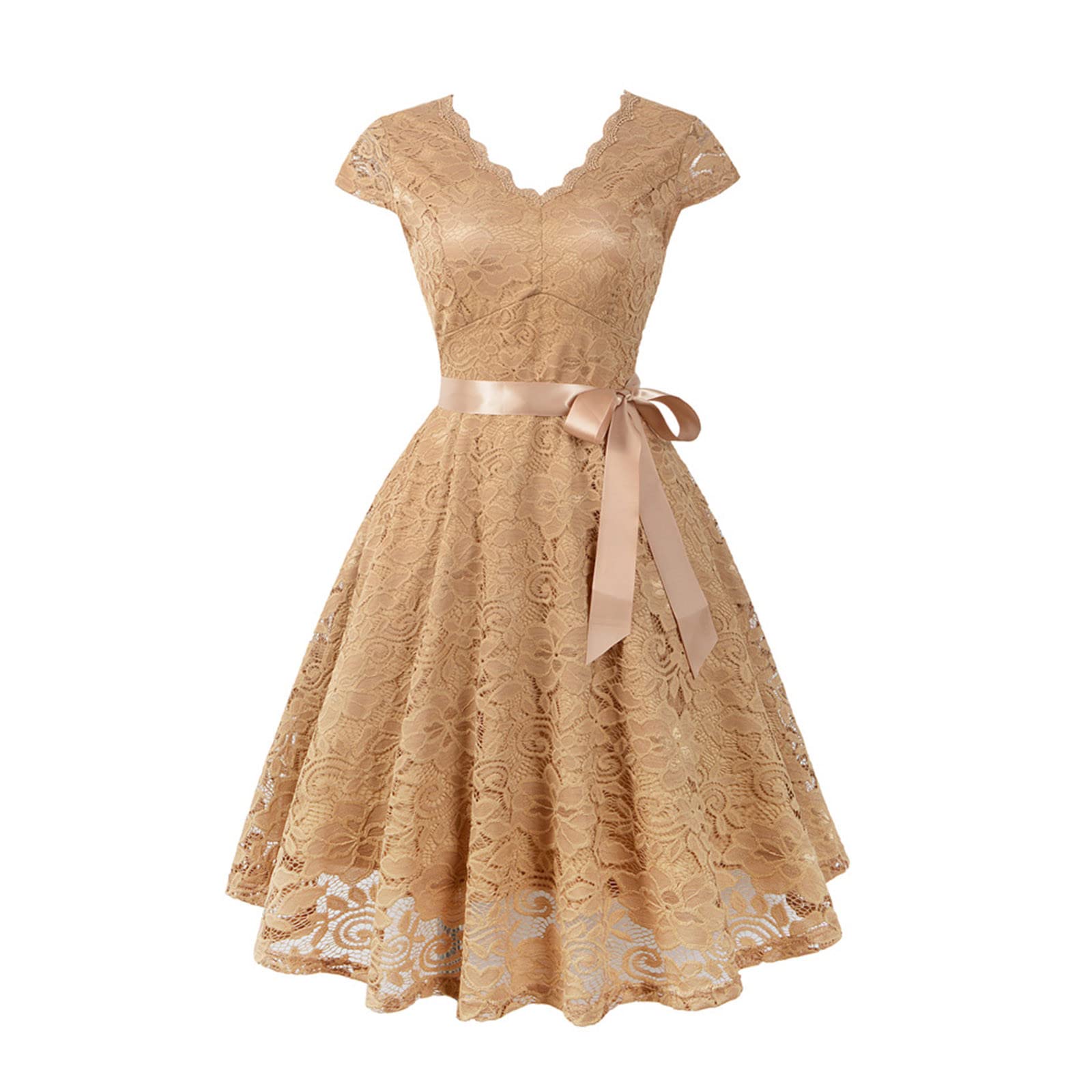 Elegant Sleeveless V-Neck Lace Patchwork Cocktail Dress for Women | Tie Waist Midi Party Dress | Perfect for Evening Events, Weddings & Special Occasions