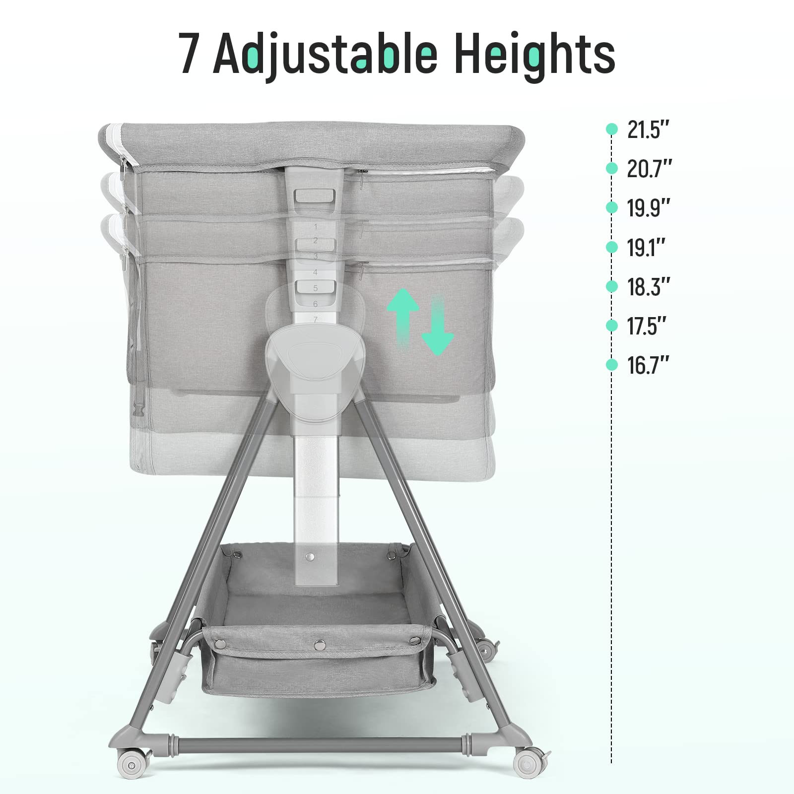 Cowiewie Adjustable Baby Bassinet Bedside Sleeper - 7 Height Levels, Breathable Mesh Sides & Mattress, XL Storage, Foldable Crib (Pyramid Light Gray) - Perfect for Newborns, Nursery & Co-Sleeping