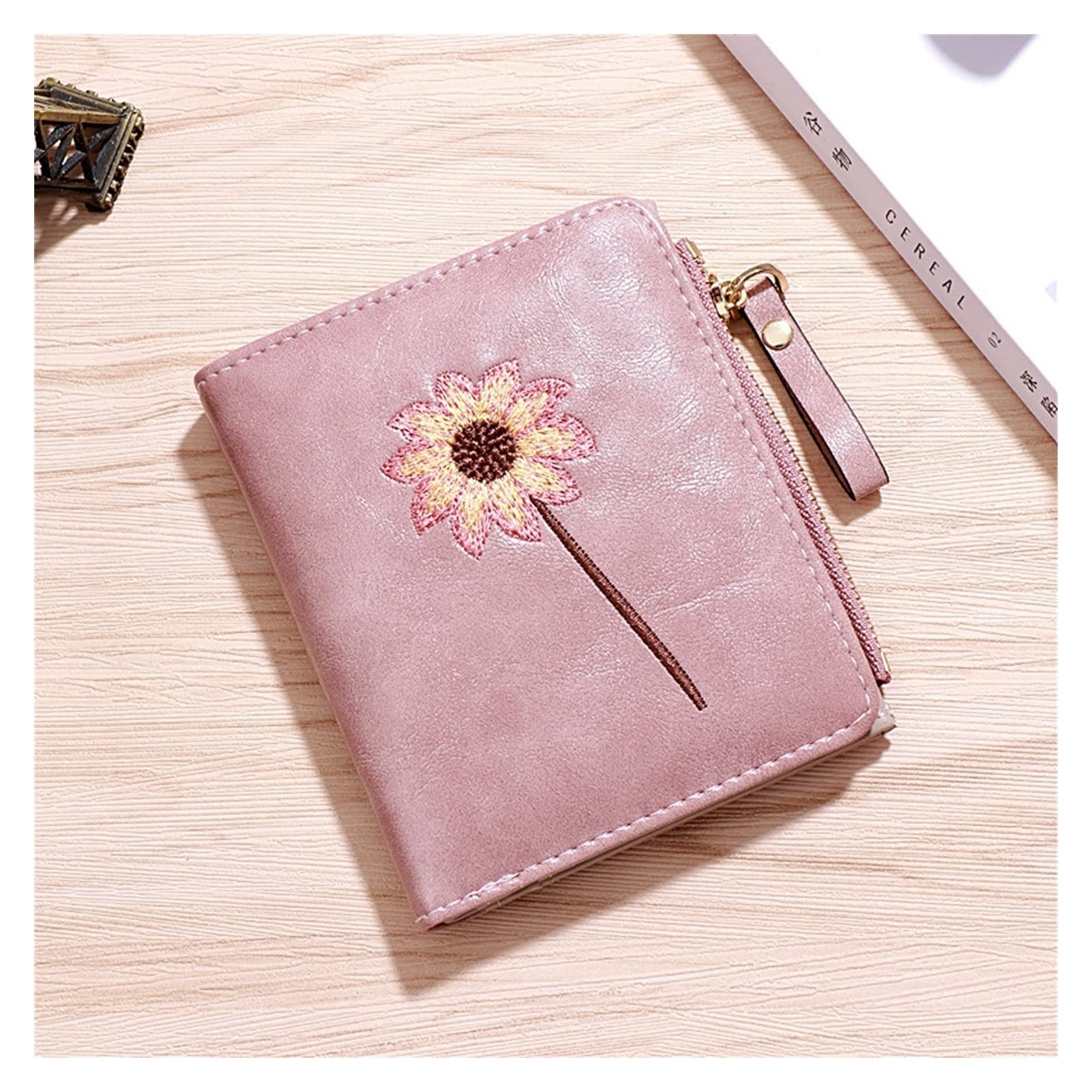 PU Leather Women's Short Wallet with Embroidery & Photo Slot - Zippered Coin Purse & Card Holder - Stylish Ladies Folding Clutch (Color C) - Perfect for Everyday Use, Travel & Gift Giving