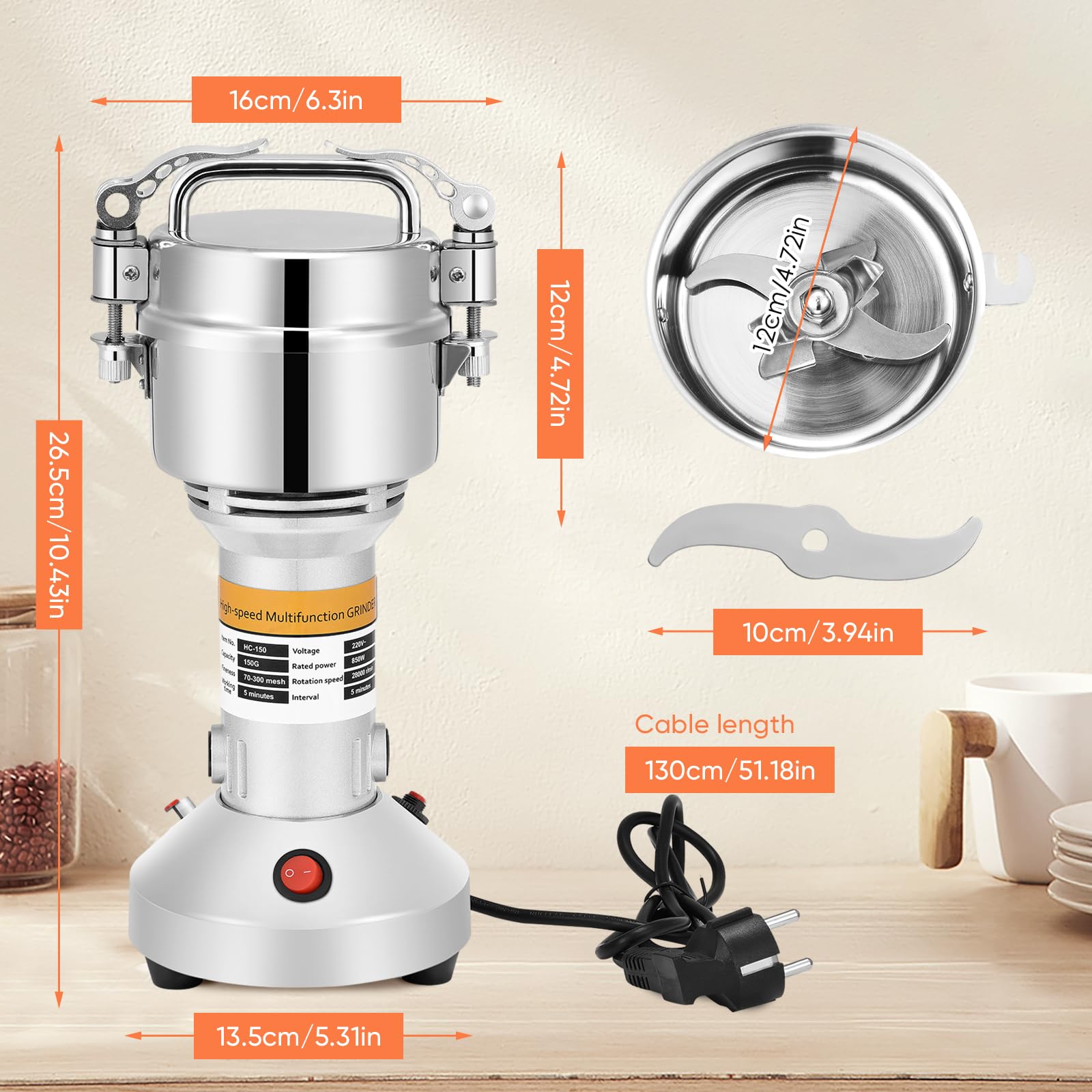 Sunowl 150g Electric Grain Mill - High-Speed 220V Stone Grinder with 3 Blades, Portable Flour Mill for Herbs, Spices, Nuts & Grains - Overload Protection - Perfect for Home Baking, Coffee Grinding & Healthy Cooking