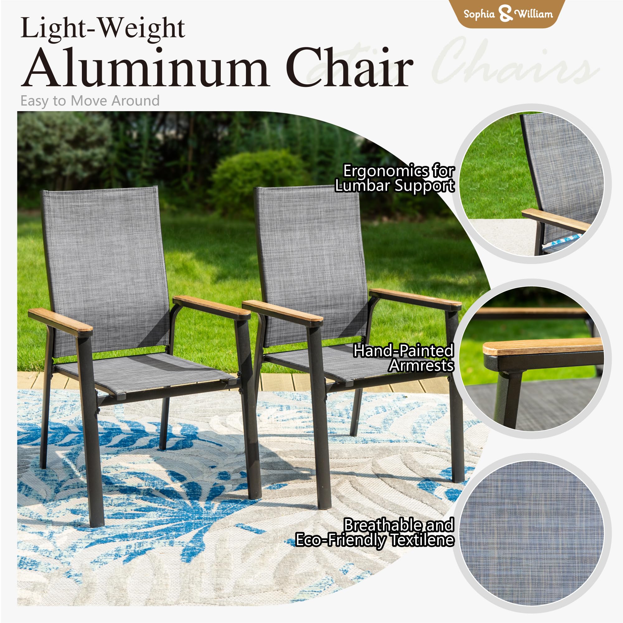 Sophia & William 2-Piece Stackable Aluminum Patio Dining Chairs - Lightweight Textilene Outdoor Chairs for Lawn, Garden, Backyard & Pool - Perfect for Outdoor Dining, Lounging & Entertaining