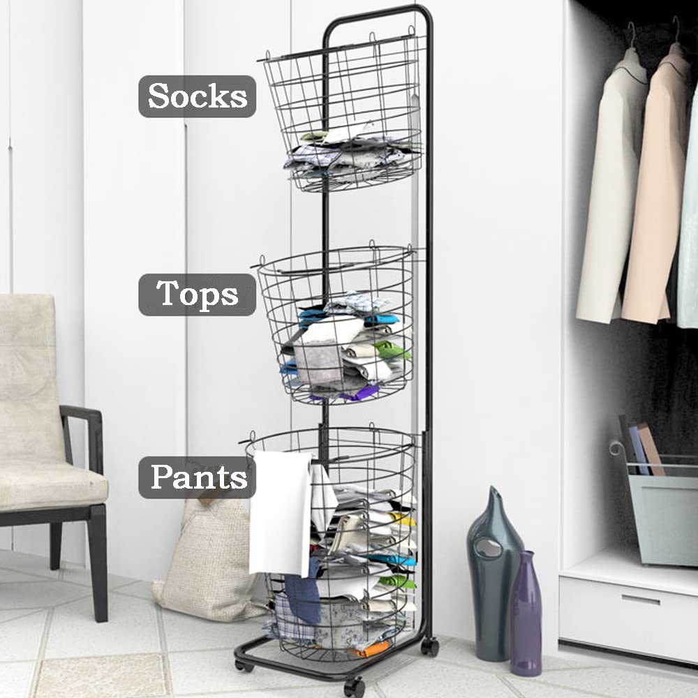 3-Tier Rolling Laundry Hamper with Removable Wire Baskets - 48.4x12.6x9.7 Inch Large Laundry Organizer for Clothes Sorting - Perfect for Laundry Room, Dorm, Apartment & Home Storage Solutions