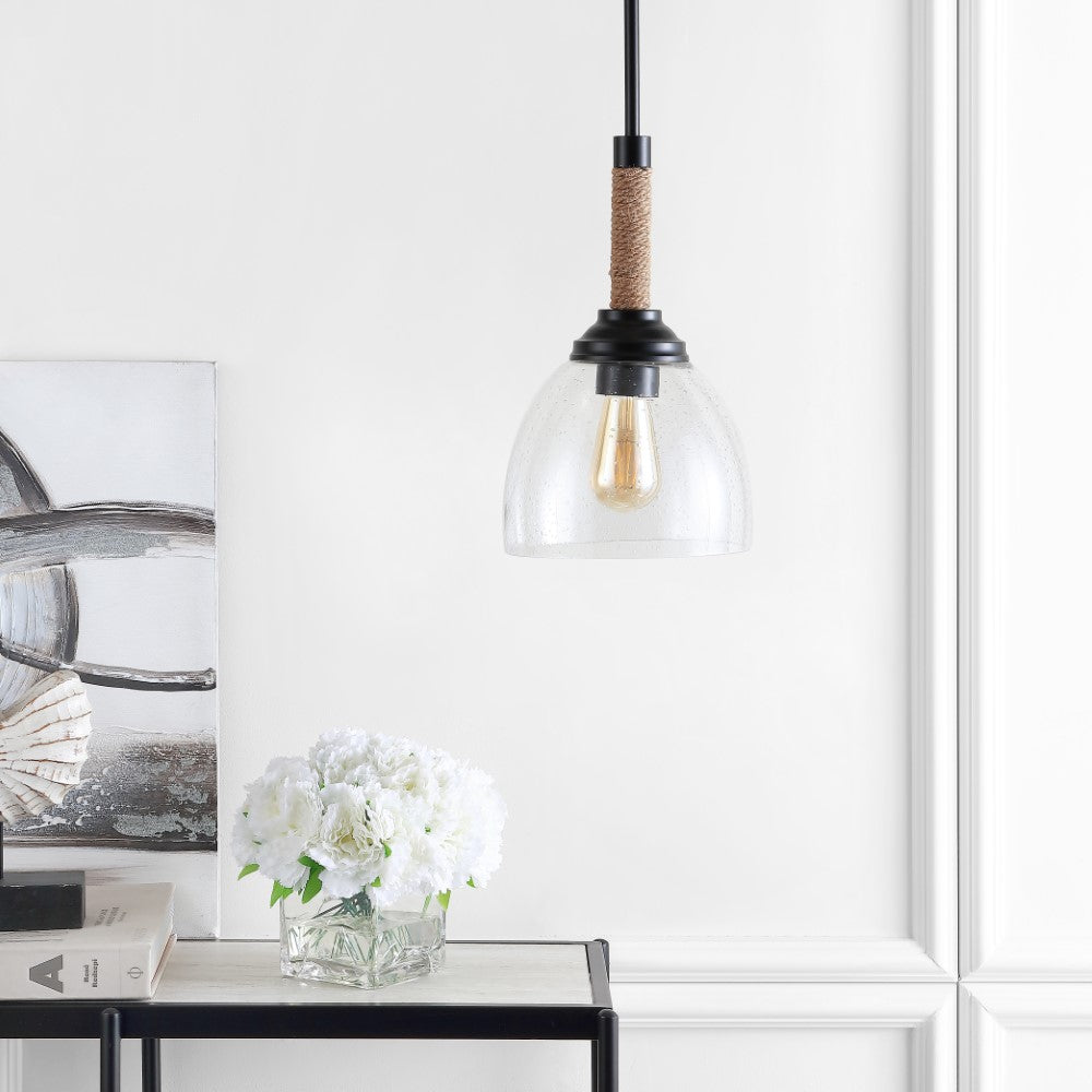 Adjustable Rope Wrap Modern Rustic Iron/Glass LED Pendant Light - 7.63 Inch Hanging Fixture for Kitchen Island, Dining Room & Farmhouse Decor | Dimmable Edison Bulb Included