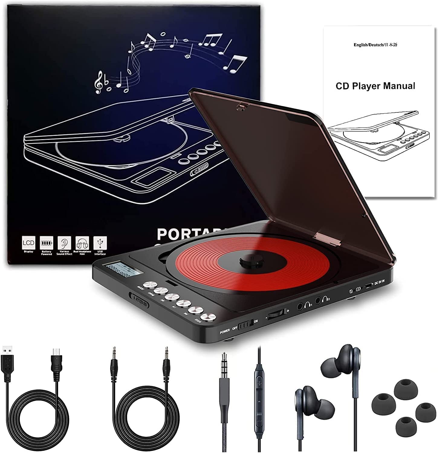 Portable CD Player with Built-in Speakers & Rechargeable Battery - Anti-Skip Shockproof Personal CD Player with Dual 3.5mm Headphone Jacks & LCD Display - Perfect for Home, Car, Travel, Workouts and Outdoor Activities