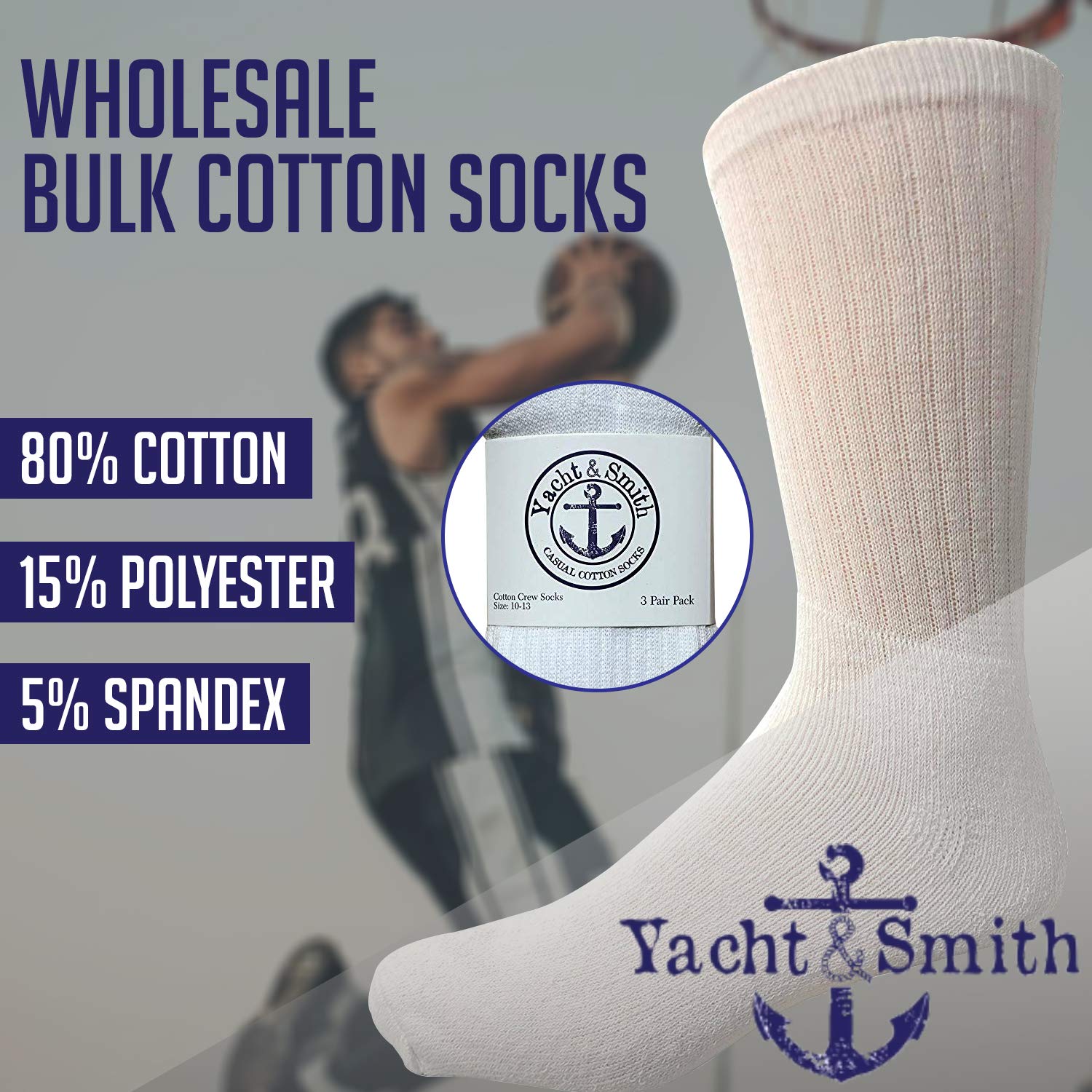 Yacht & Smith 60 Pairs Men's Cotton Athletic Socks Bulk Wholesale - Size 10-13, White - Perfect for Sports, Gym & Everyday Wear
