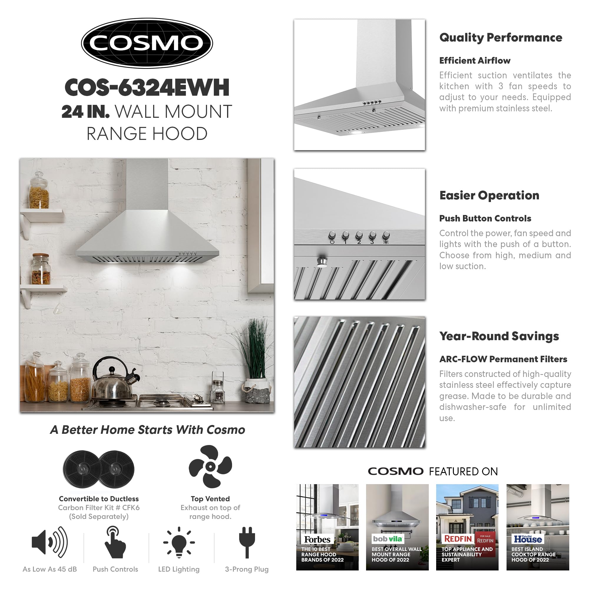 COSMO COS-6324EWH 24 Inch Stainless Steel Wall Mount Range Hood - 220 CFM Ducted Ventilation, LED Lighting & Button Controls | Perfect for Modern Kitchens, Cooking Ventilation & Smoke Removal