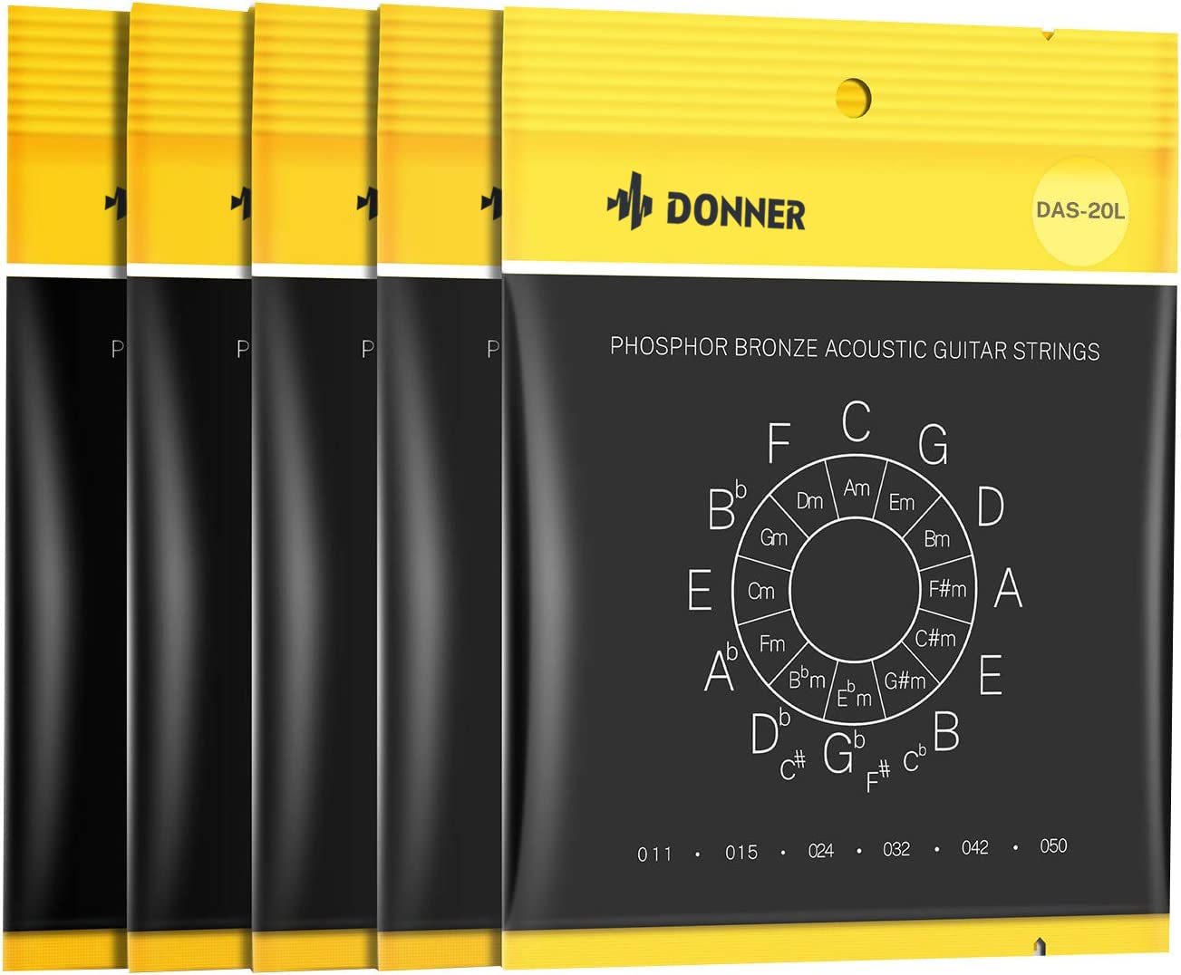 Donner Light Acoustic Guitar Strings - Phosphor Bronze Coated (5 Sets) | 11-50 Gauge Hex Steel Strings DAS-20L | Perfect for Beginners & Fingerstyle Players
