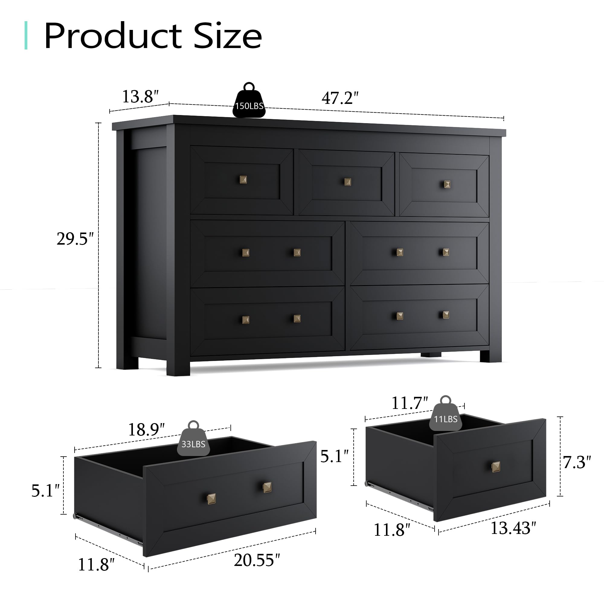 7-Drawer Farmhouse Dresser for Bedroom - Solid Wood Chest with Metal Handles, Wide TV Stand & Closet Storage Organizer - Modern Entryway, Living Room, Hallway Furniture (Black) - Perfect for Bedroom Storage & Living Room Organization