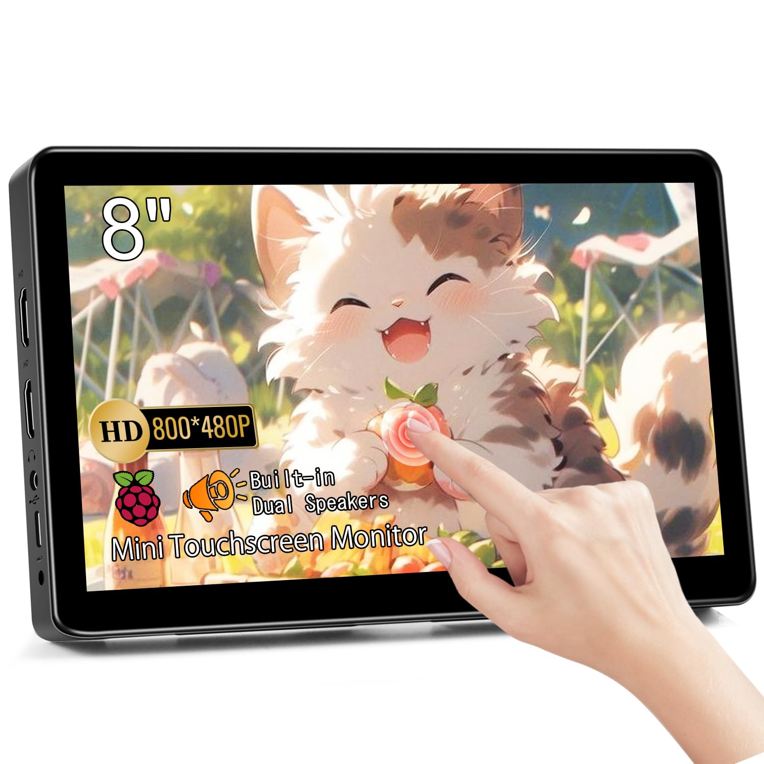 8 Inch Portable Touchscreen Monitor - HD 800x480 IPS LCD Display with Built-in Speakers, HDMI Mini Interface for PC & Raspberry Pi - Perfect for Gaming, Coding, and Mobile Workstations