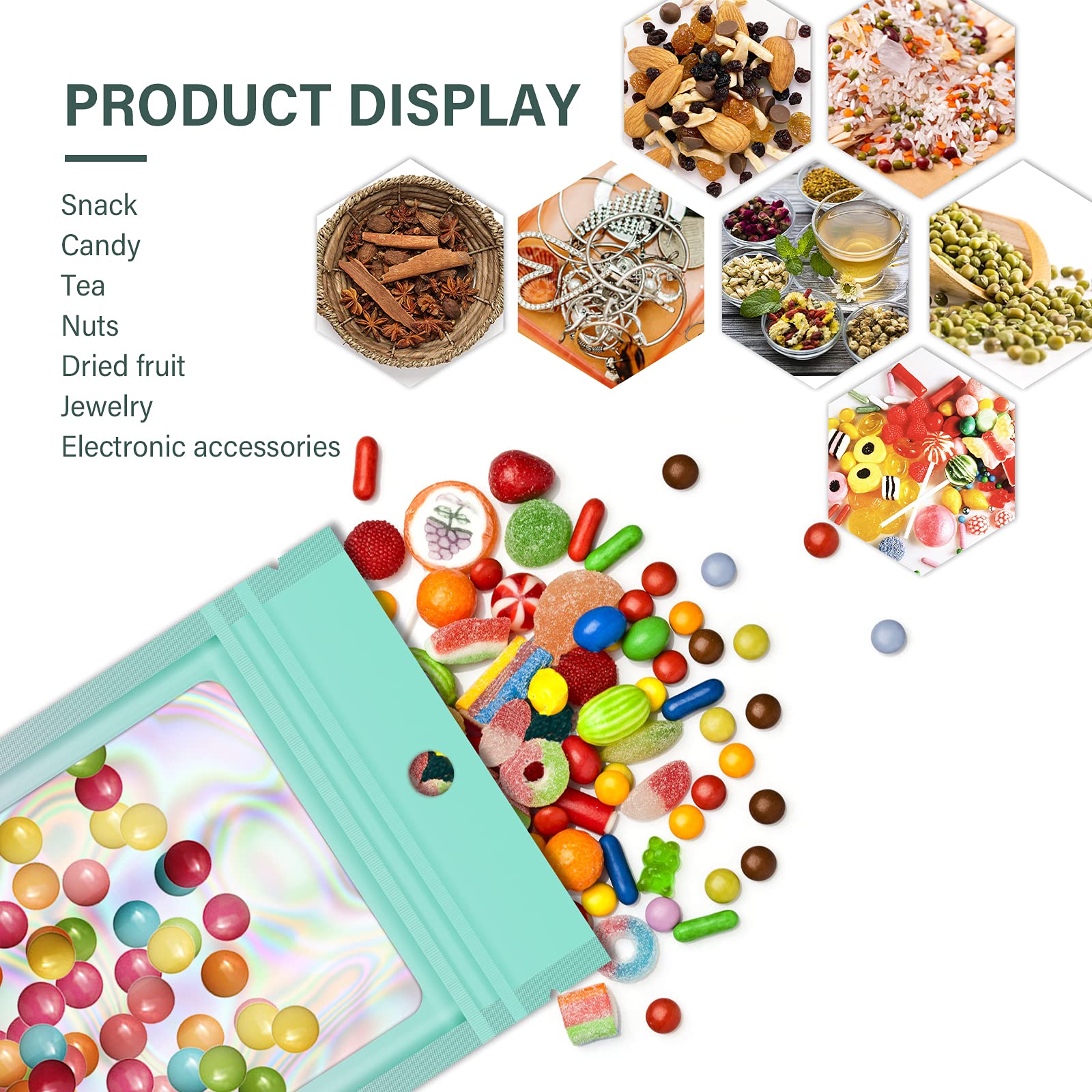 100-Pack Holographic Gradient Resealable Mylar Bags with Clear Window - 6.3x9.4 Inch Airtight Food Storage & Party Favor Bags (Green & Pink) for Candy, Snacks, Jewelry & Small Gift Packaging