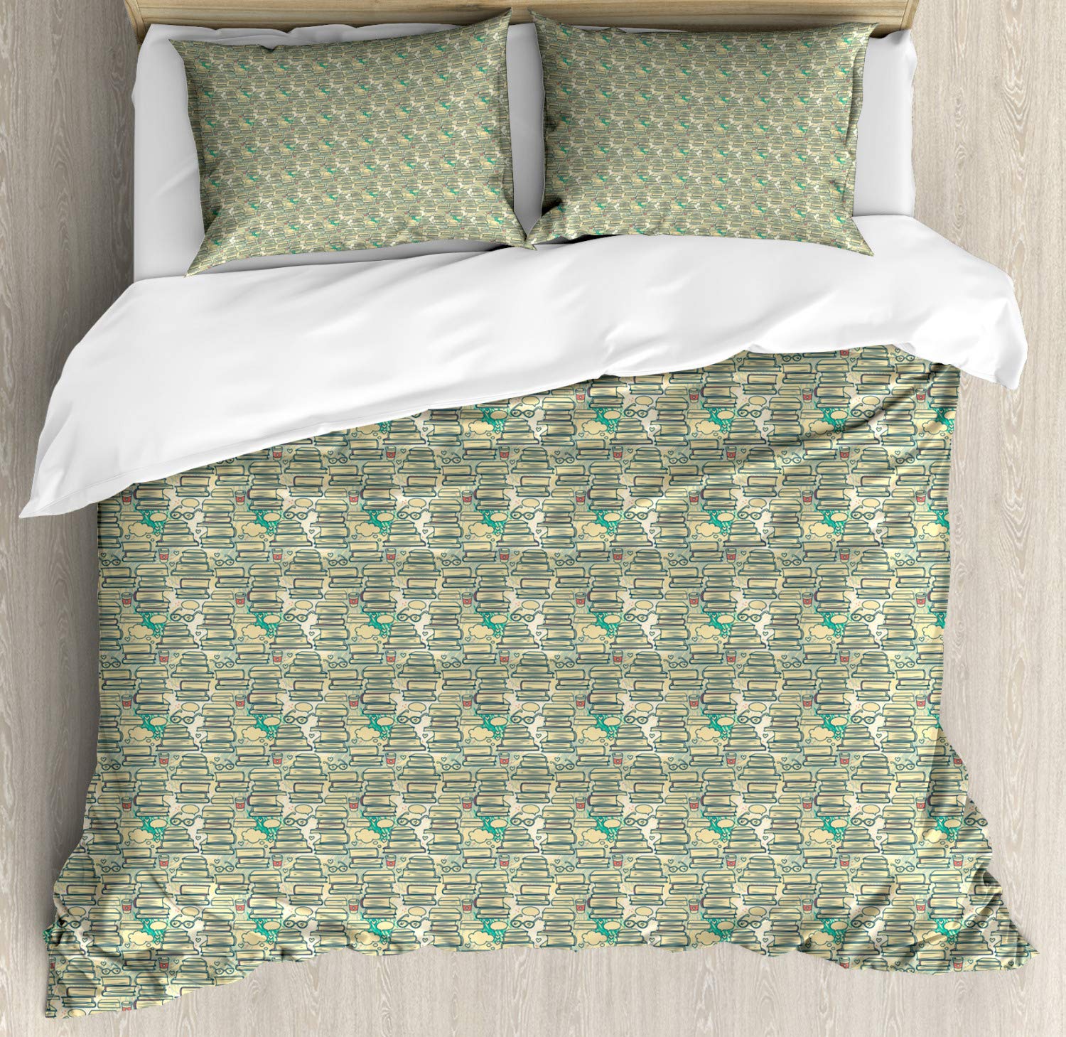 Ambesonne Book Lover Duvet Cover Set - King Size 3-Piece Bedding with Book Stack Design, Thought Bubbles & Coffee Cups - Cream Almond Green for Cozy Reading Nook & College Dorm Decor