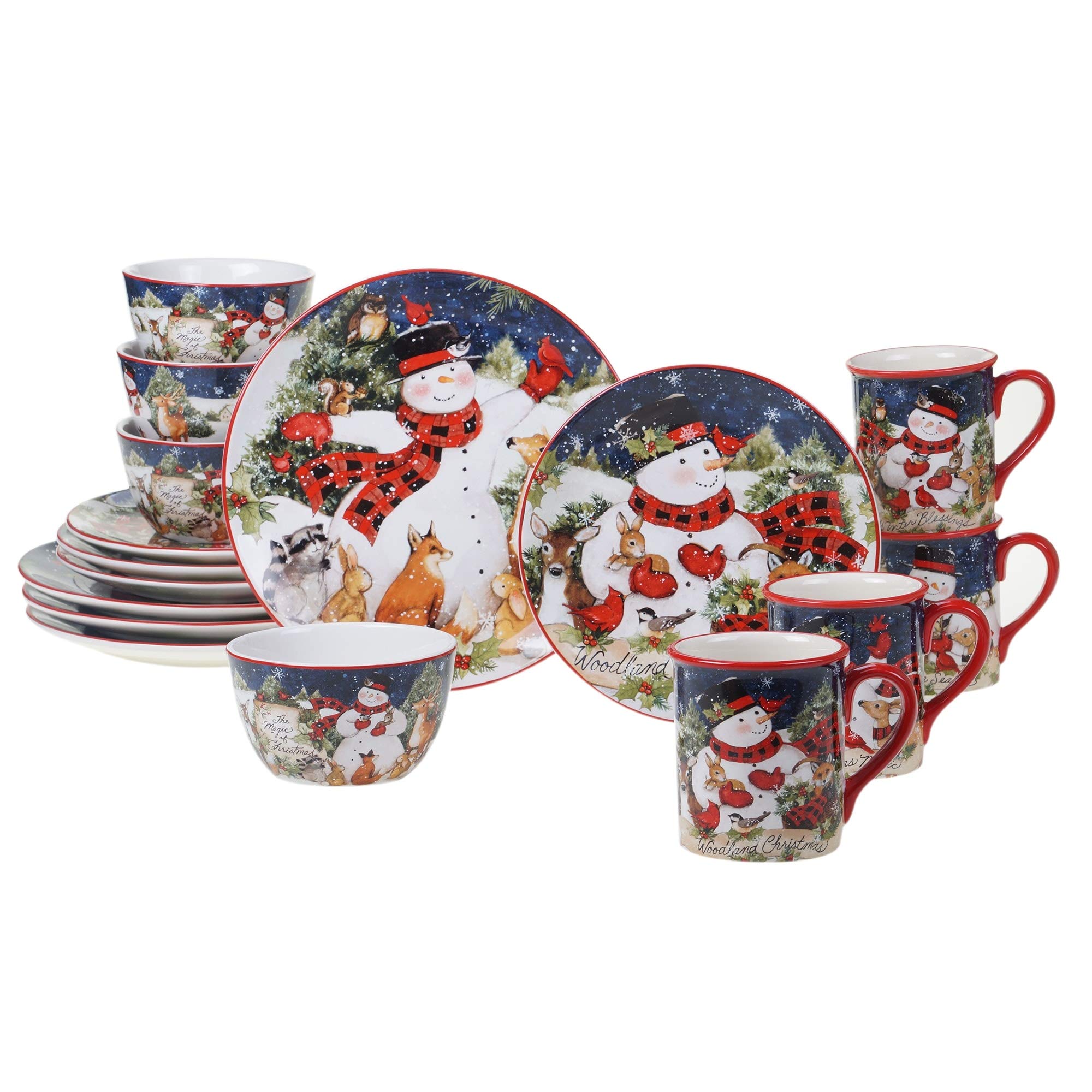 Magic of Christmas Snowman 16-Piece Dinnerware Set - Service for 4, Green Multi-Color Red Animal Print - Casual Modern Round Plates & Bowls - Dishwasher & Microwave Safe - Perfect for Holiday Parties & Family Gatherings