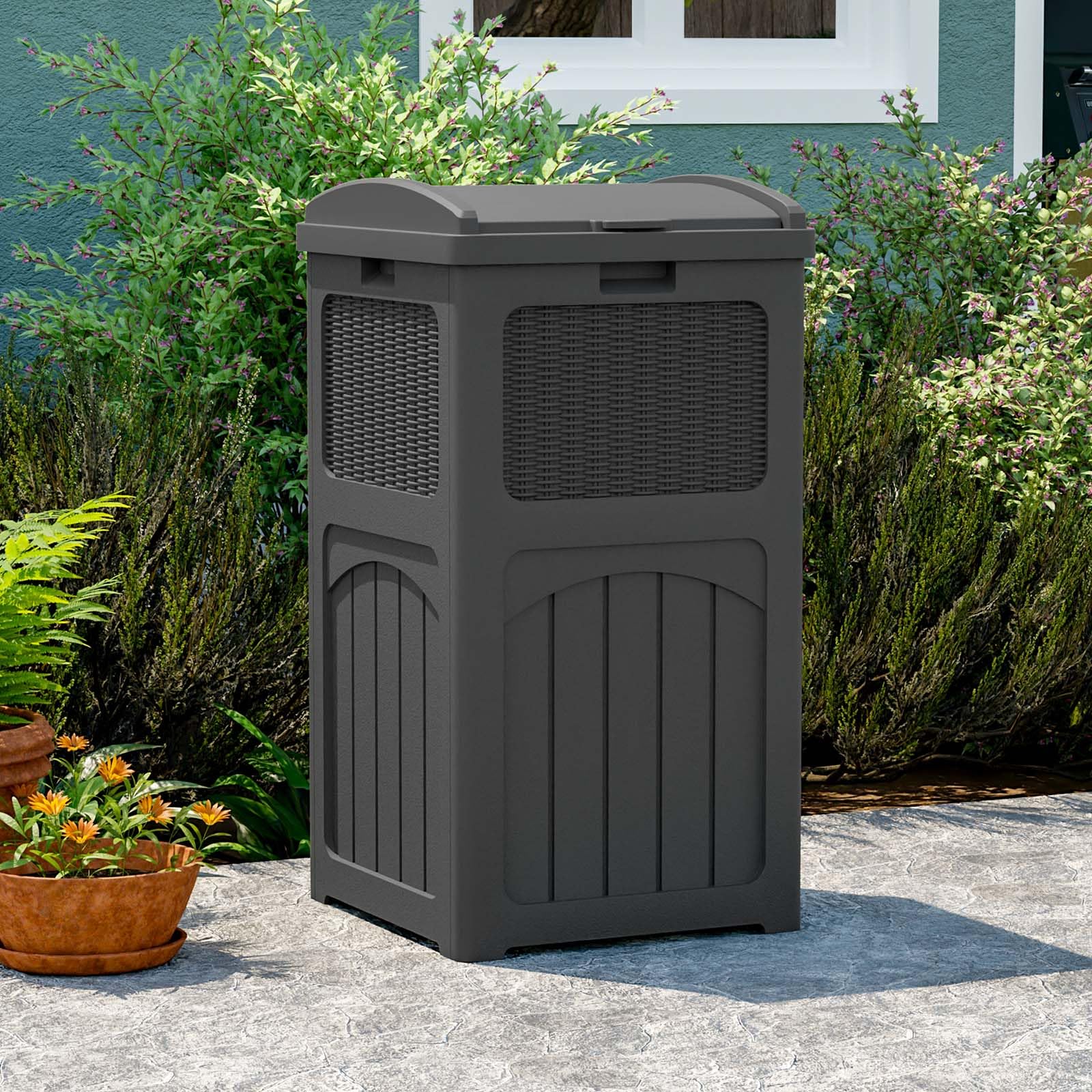 **Patiowell 36 Gallon Outdoor Trash Can with Lid – Heavy-Duty Resin Garbage Bin for Patio, Backyard, Deck – Weatherproof & Durable – Ideal for Outdoor Waste Management (Black)**    *(Perfect for BBQs, Poolside, Camping, and Home Use)*