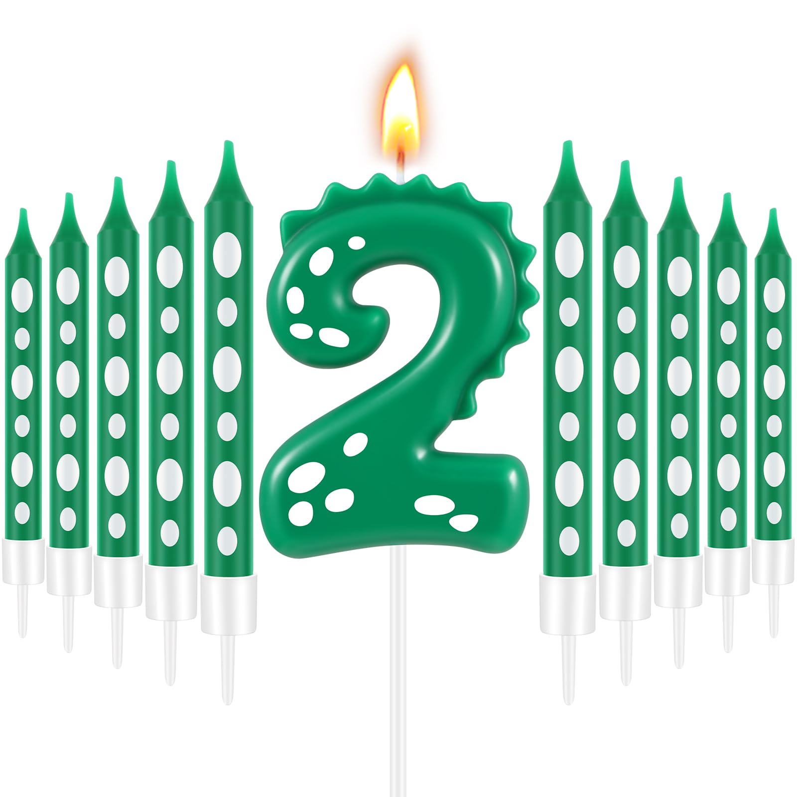 Dinosaur Birthday Candles Set - 12 Green & White Number 2 Candles (2.36x1.8 Inch) & 3.1 Inch Tall Dino Candles for Dinosaur Theme Party Decorations | Perfect for Kids Birthday Cakes, Cupcakes, and Jurassic Themed Celebrations
