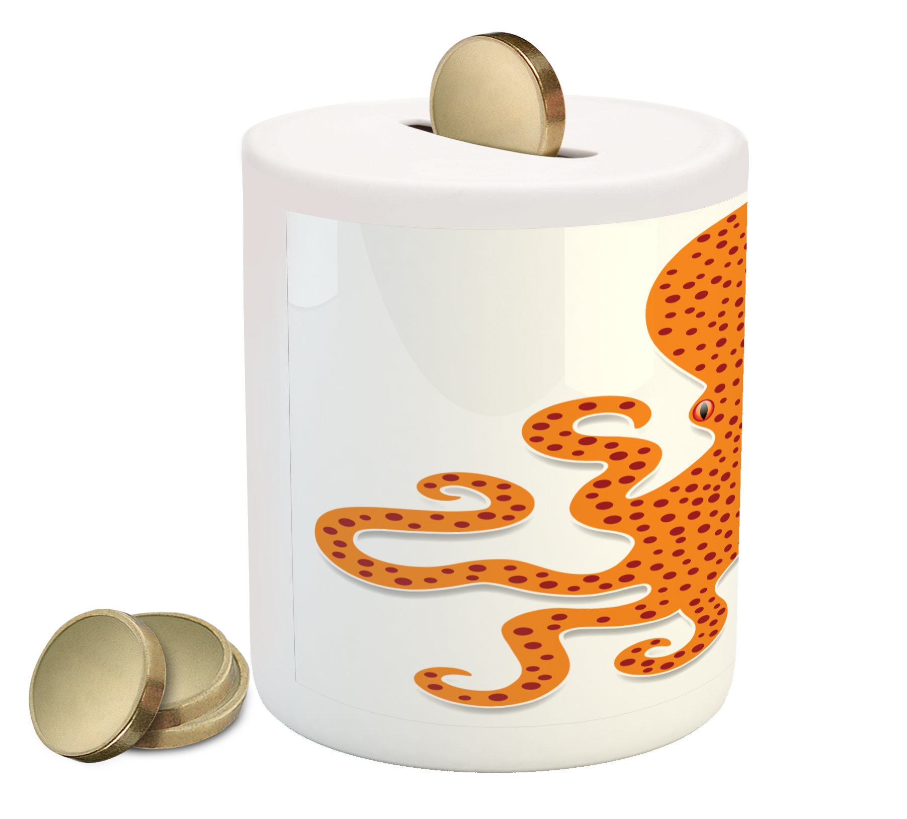 Ambesonne Kraken Ceramic Piggy Bank - Vivid Orange Octopus Design Money Box for Cash Saving, 3.6