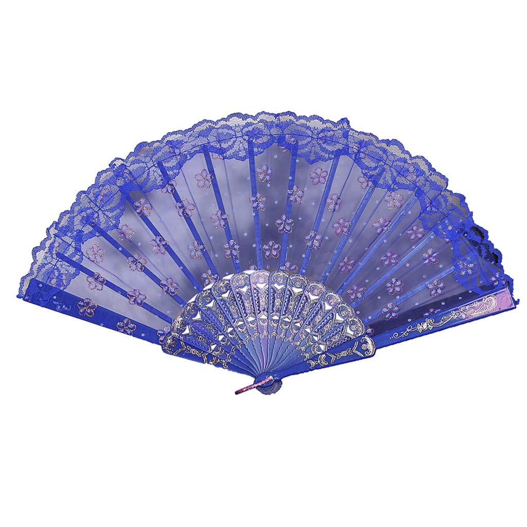 Vintage Blue Silk Folding Hand Fan with Lace - Elegant Retro Style for Women | Perfect for Weddings, Theater, Costume Parties & Summer Cooling