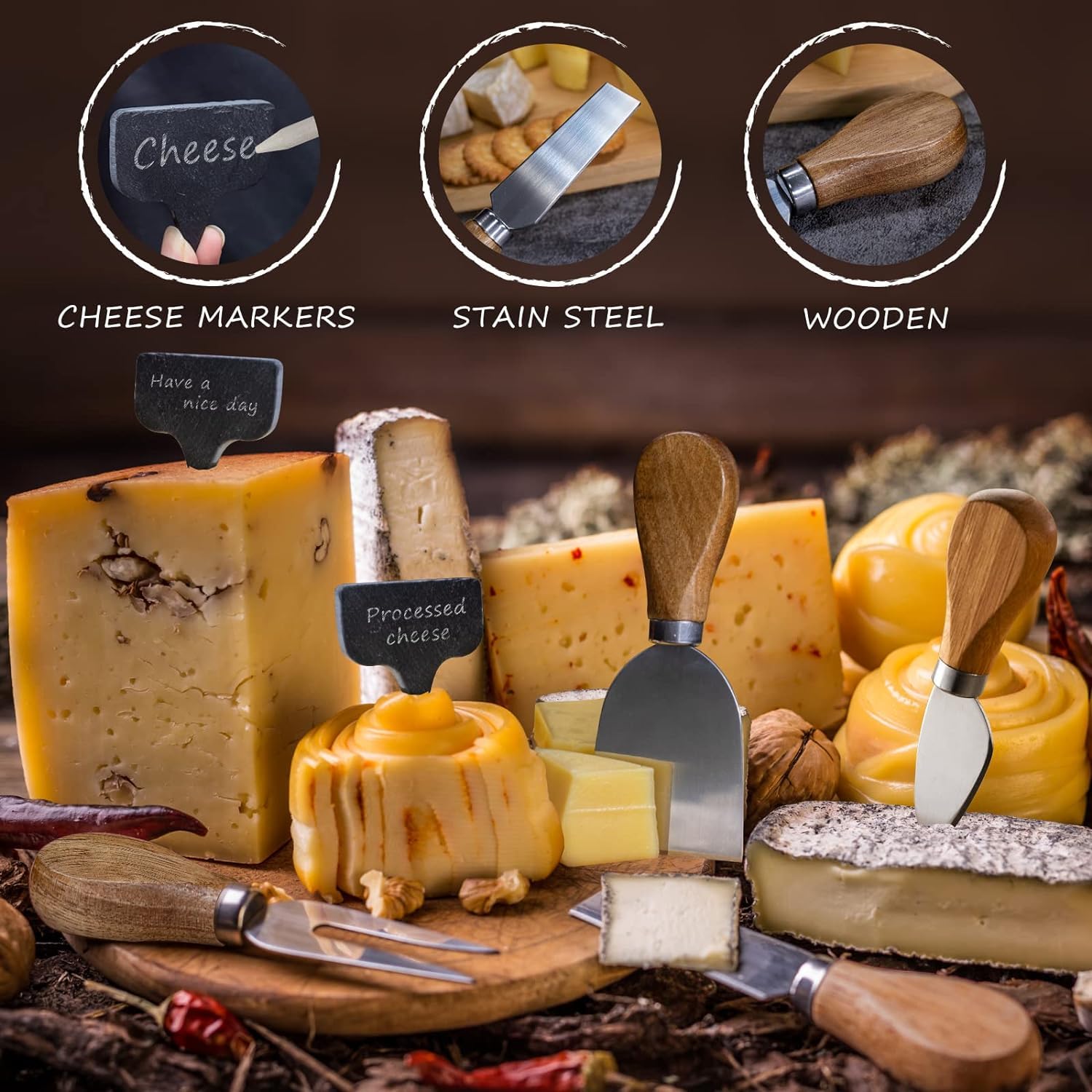 Premium Stainless Steel Cheese Knives Set - 6-Piece Cheese Slicer, Cutter, Fork & Spreader for Charcuterie Boards | Perfect for Wine Parties, Cheese Tasting & Gourmet Entertaining