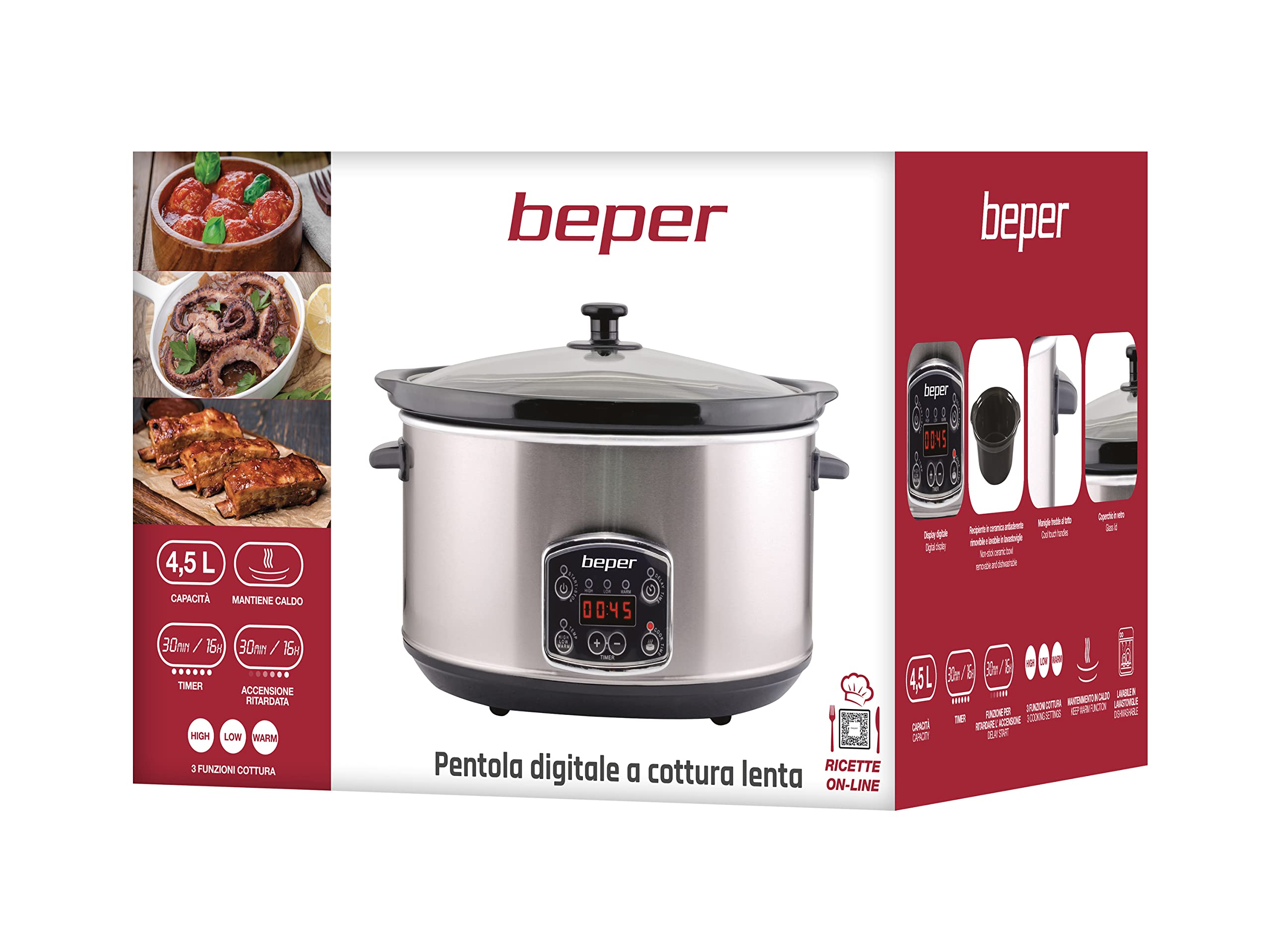 BEPER BC.510 Digital Slow Cooker with Removable Pot - 4.5L Stainless Steel, 3 Cooking Settings & Programmable Timer - Dishwasher Safe - Perfect for Soups, Stews & Family Meals