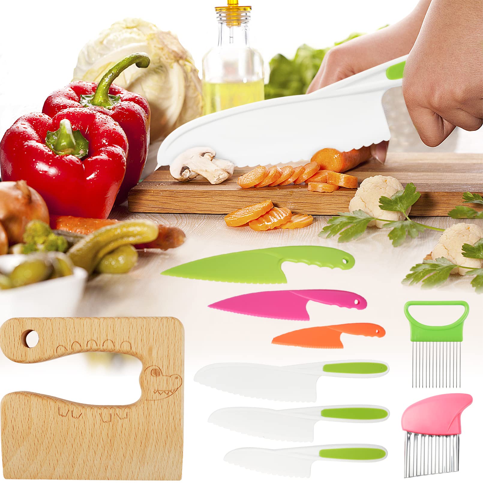 9PCS Kids Plastic Knife Set - BPA-Free Toddler Safe Knives for Real Cooking, Includes 6 Plastic Knives & Wooden Safe Knives with Potato & Onion Slicers - Perfect for Fruit Salad, Bread & Veggie Prep (Crocodile Style) - Ideal for Montessori Learning & Kids Kitchen Activities