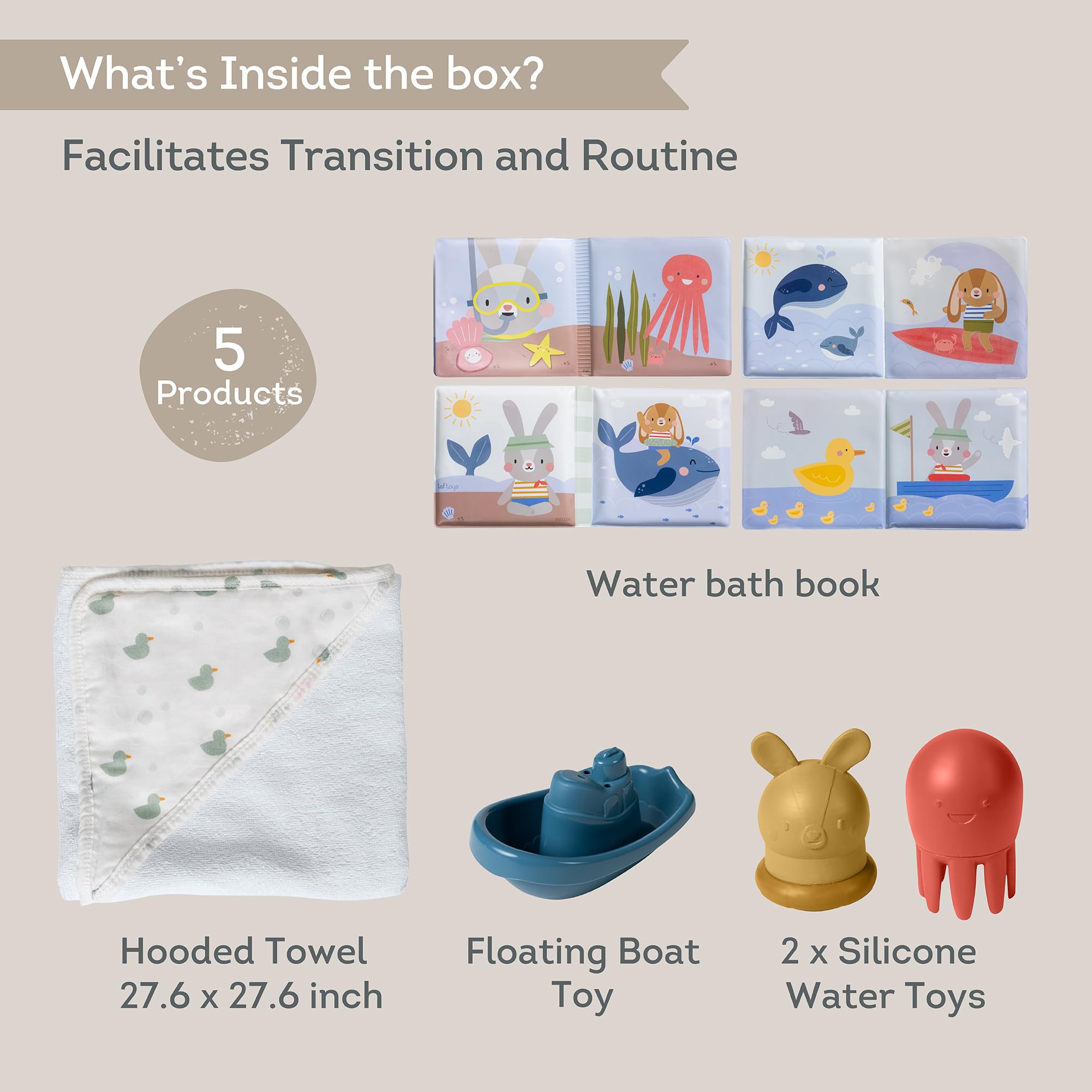 Taf Toys Baby Bath Time Kit - Includes Bath Book, Hooded Towel, Squeaky Toys & Boat - 5-Piece Newborn Essentials Set | Perfect Baptism Gift for Baby Boys & Girls | Fun Bathtime Play & Learning Experience