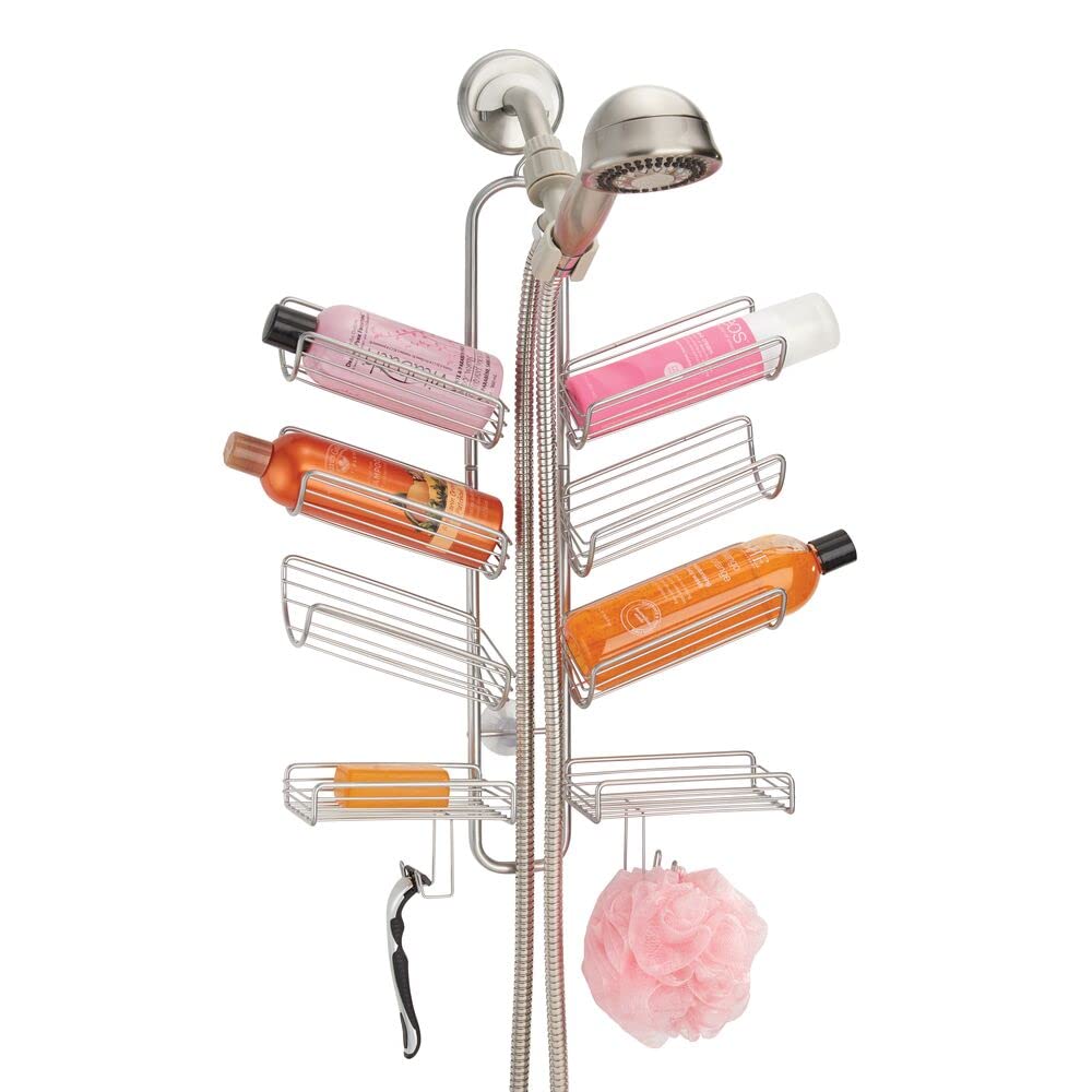 mDesign Metal Wire Bathroom Tub & Shower Caddy Organizer - 8-Tier Hanging Storage Shelf with Built-in Hooks for Shower Stall - Open Center Design for Handheld Shower Heads - Silver (Bagno Collection) - Perfect for Small Bathrooms & Apartment Showers
