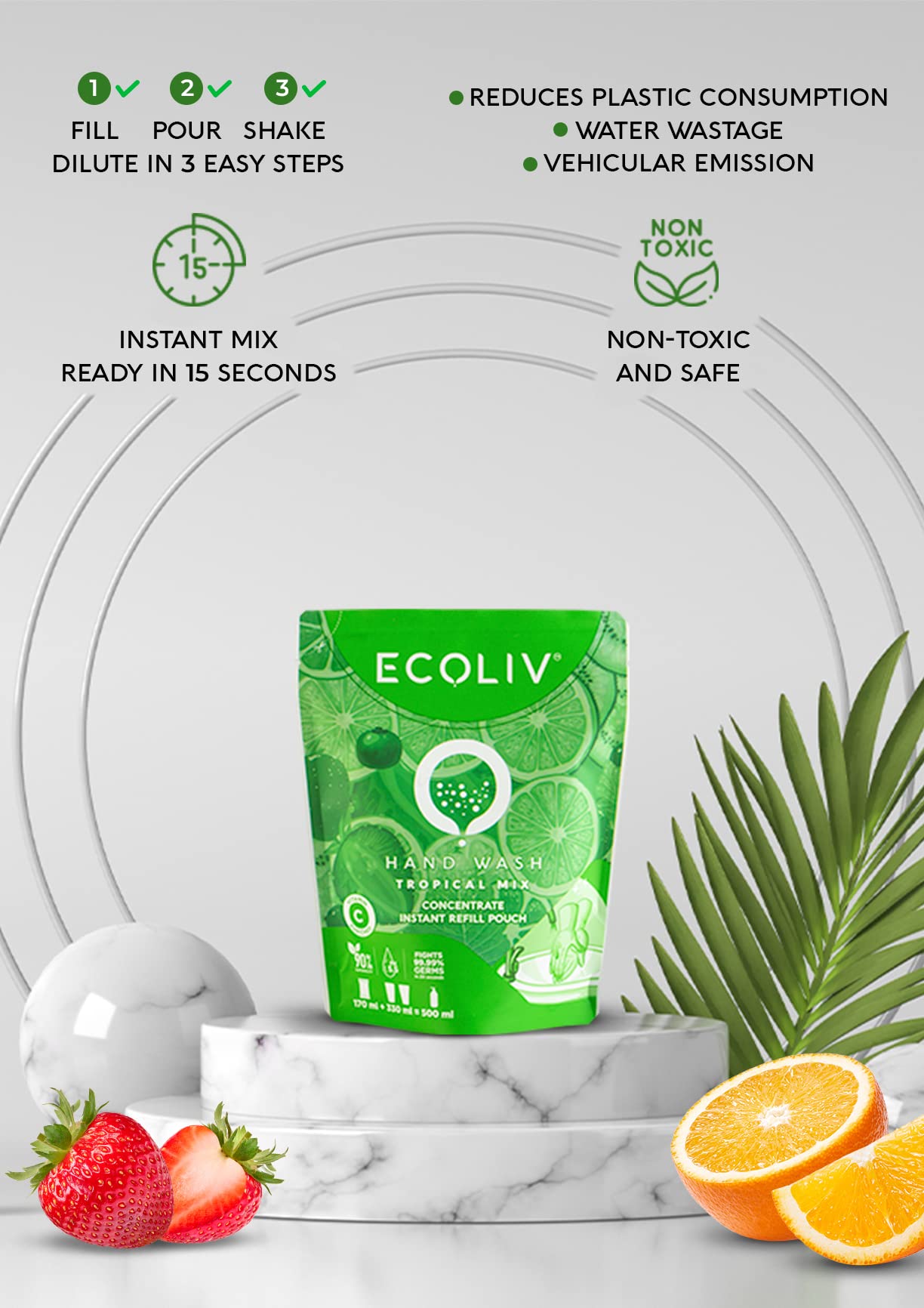 Ecoliv Tropical Scent Hand Wash Refill Pouch 1L (Pack of 2) | 170ml Concentrate Liquid Soap | pH 5.5 Gentle Formula | Mix with Water for Instant Foaming Hand Wash | Perfect for Kitchen, Bathroom & Office Use