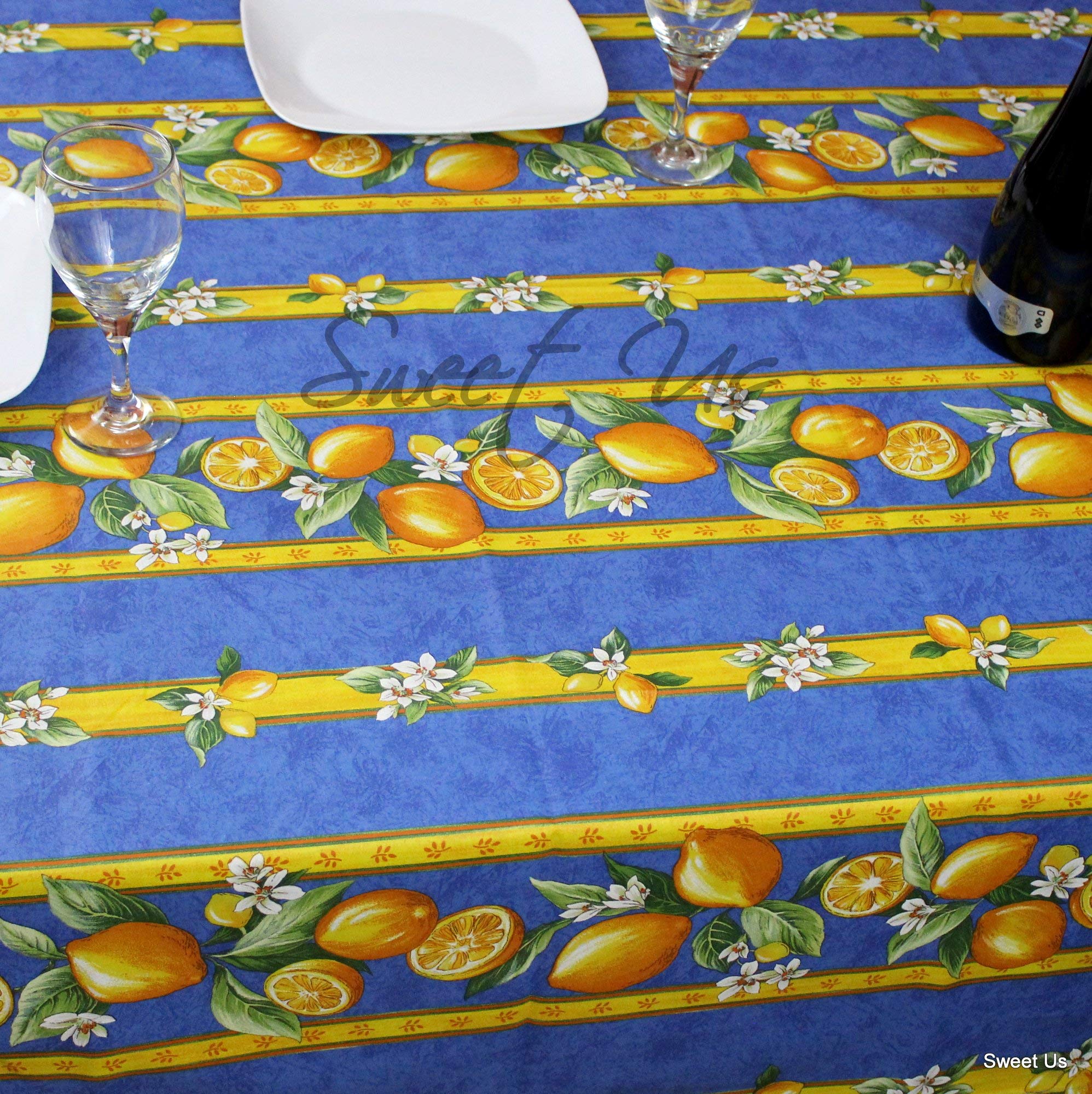 La Cigale Citron Wipeable Spill-Resistant Acrylic Coated Floral Cotton French Provencal Tablecloth - 60x78 Inch Blue - Perfect for Indoor Dining & Outdoor Picnics