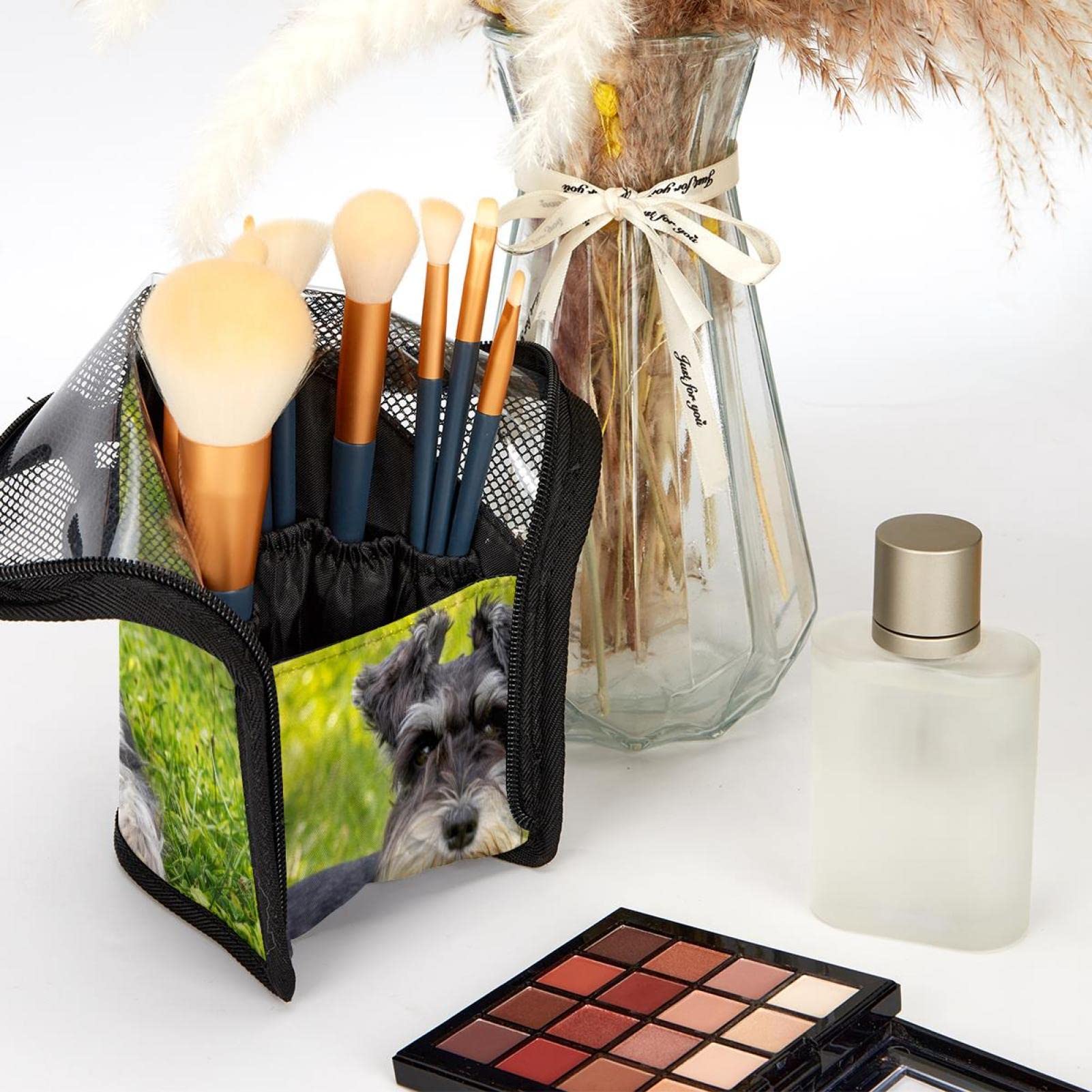 12-Piece Makeup Brush Organizer Bag with Cute Dog Grassland Design - Portable Travel Cosmetic Brush Holder Case for Professional Artists & Beginners - Perfect for Home, Travel, and Salon Use