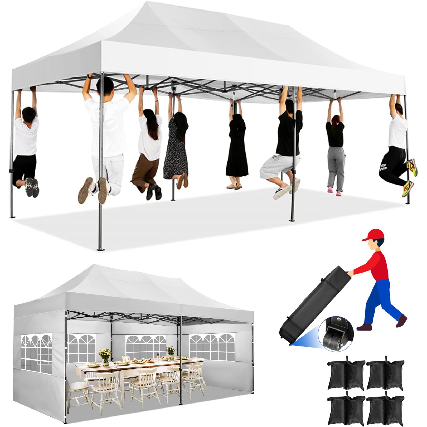 COBIZI 10x20 Heavy Duty Pop Up Canopy Tent - UPF 50+ Waterproof Gazebo with 6 Sidewalls & Roller Bag - All Weather Commercial Outdoor Tent for Weddings, Parties, Camping & Backyard Events (White)