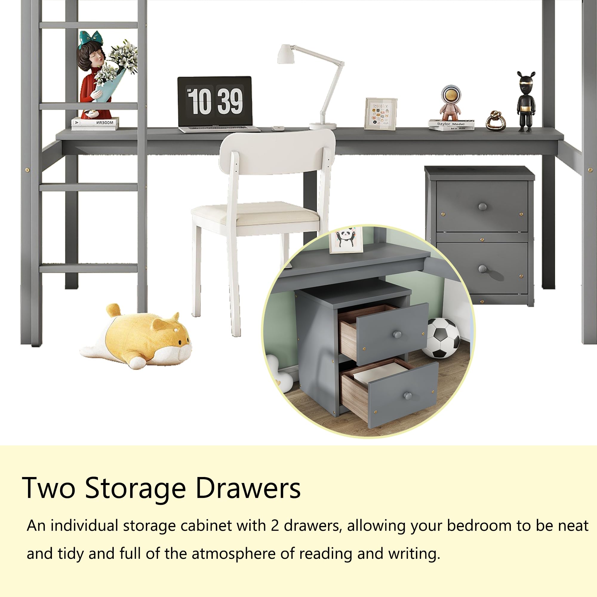 Merax Twin Size Wood Loft Bed with Built-in Desk, 2-Drawer Storage Cabinet, Guardrails & Ladder - Space Saving Bed for Small Bedroom, Dorm or Guest Room (Grey) - Perfect for Study, Sleep & Storage in Compact Spaces