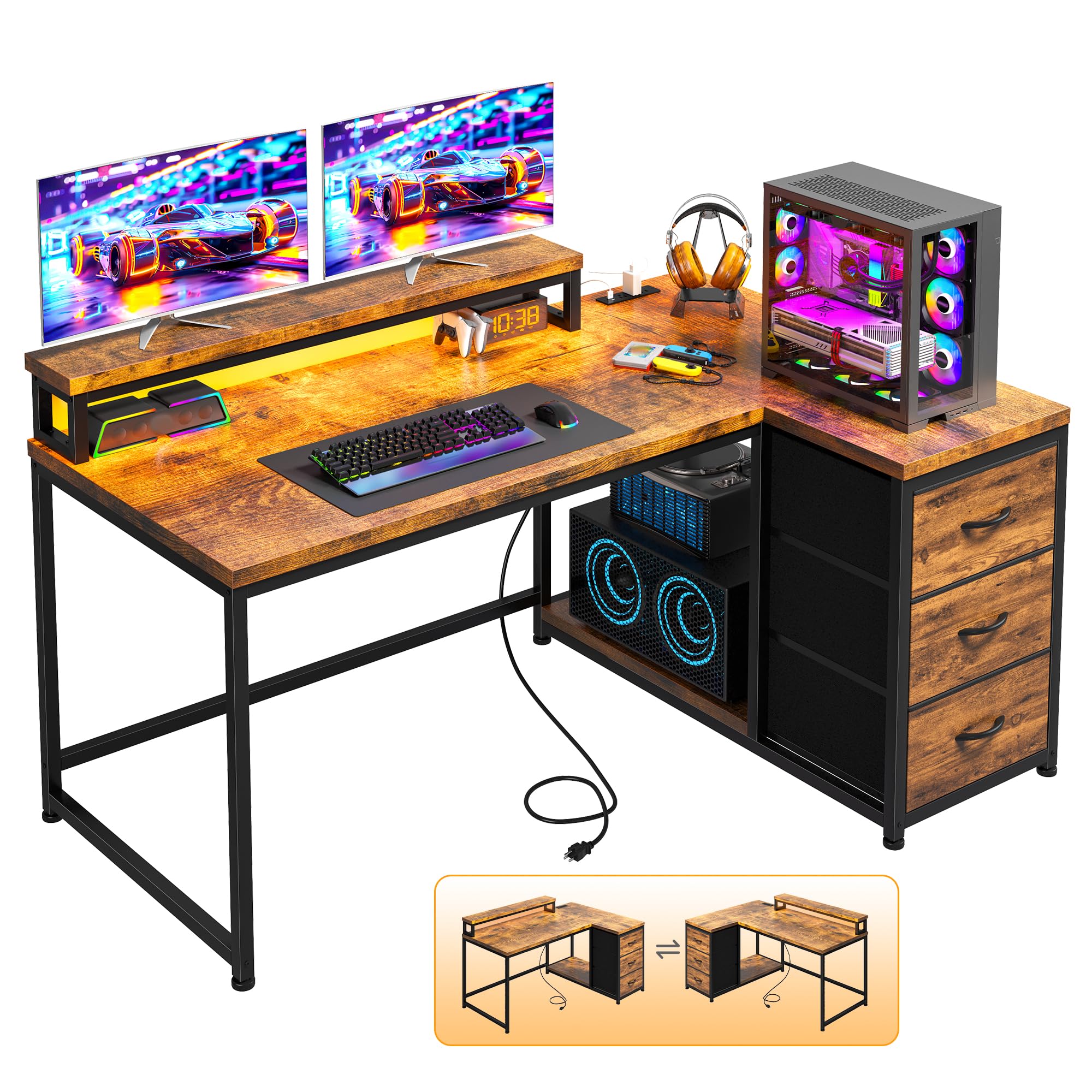 EnHomee 40 Inch L-Shaped Gaming Desk with LED Lights & Power Outlet, Reversible Corner Computer Desk with Drawers & Monitor Stand - Perfect for Gaming Setup, Home Office, or Bedroom (Rustic Brown)