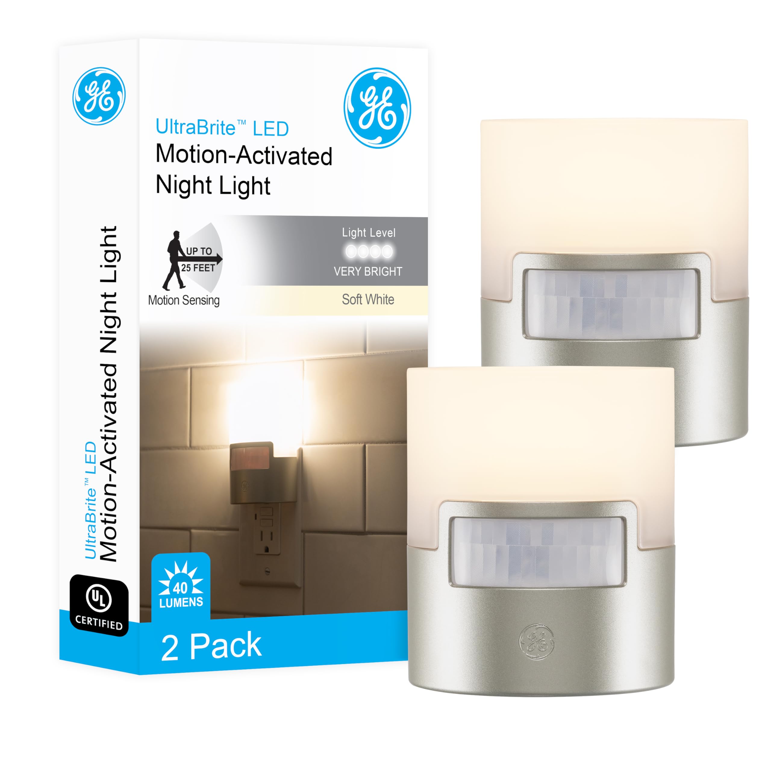 GE LED Motion Sensor Night Light Plug-in Wall, 40 Lumens Soft White, UL-Certified Energy Efficient Nightlight - 2 Pack (Silver) | Perfect for Bedroom, Bathroom, Kitchen, Hallway & Nursery Safety Lighting