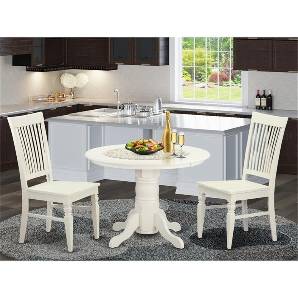 East West Furniture SHWE3-WHI-W 3 Piece Round Dining Table Set with Pedestal Base & 2 Chairs, 42x42 Inch, Linen White - Perfect for Small Kitchen, Breakfast Nook, and Apartment Dining Areas