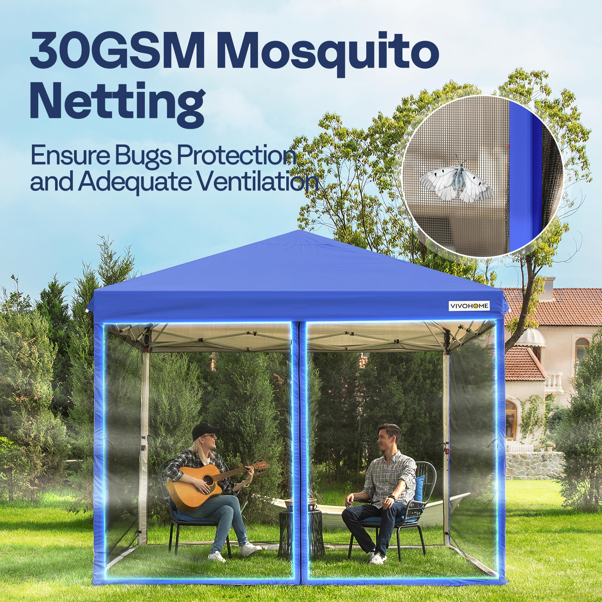 VIVOHOME 8x8ft Pop-Up Canopy Tent with Mosquito Net & 2 Zipper Doors - Portable Outdoor Shelter for Camping, Picnics, Beach Parties, Backyard BBQ - Includes Carry Bag (Blue)