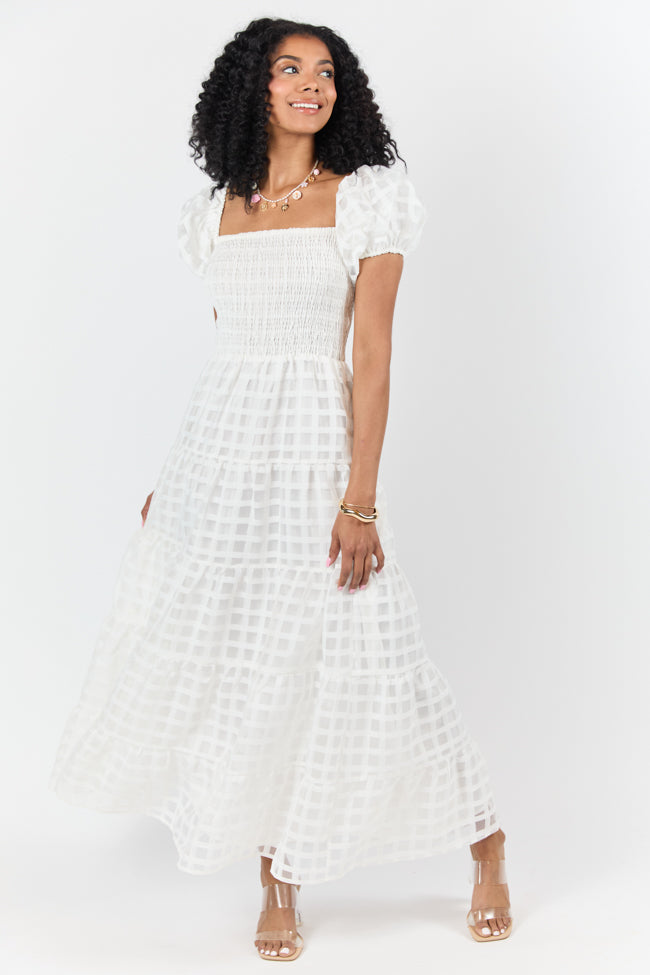 What A Feeling White Windowpane Maxi Dress for Women - Summer Boho Beach Dress, Elegant Flowy Long Dress for Vacation, Party & Wedding Guest