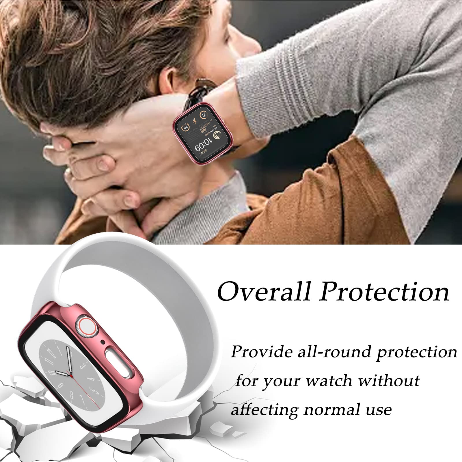 2-Pack Hard Protective Case for Apple Watch Series 9/8/7 (45mm/41mm) with Tempered Glass Screen Protector - Anti-Scratch, Stylish Plating PC Shell - Perfect for Workouts, Outdoor Activities & Daily Wear (41mm, Pink+Clear)