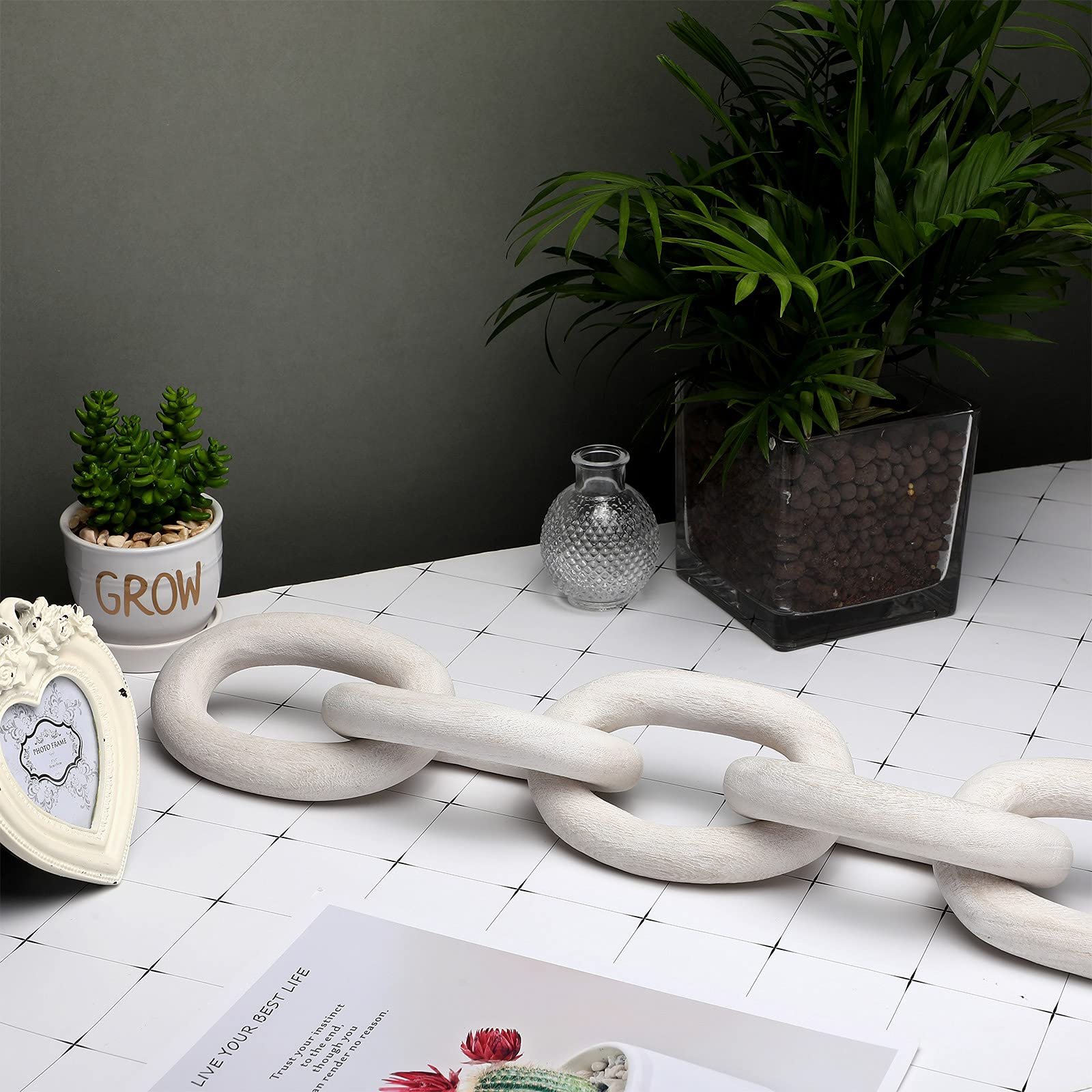 Decorative Wood Link Chain - 5 Link Wooden Chain Decor for Home, Office, Party & Family Events - Natural White Rustic Home Decor for Wall, Shelf & Tabletop Display