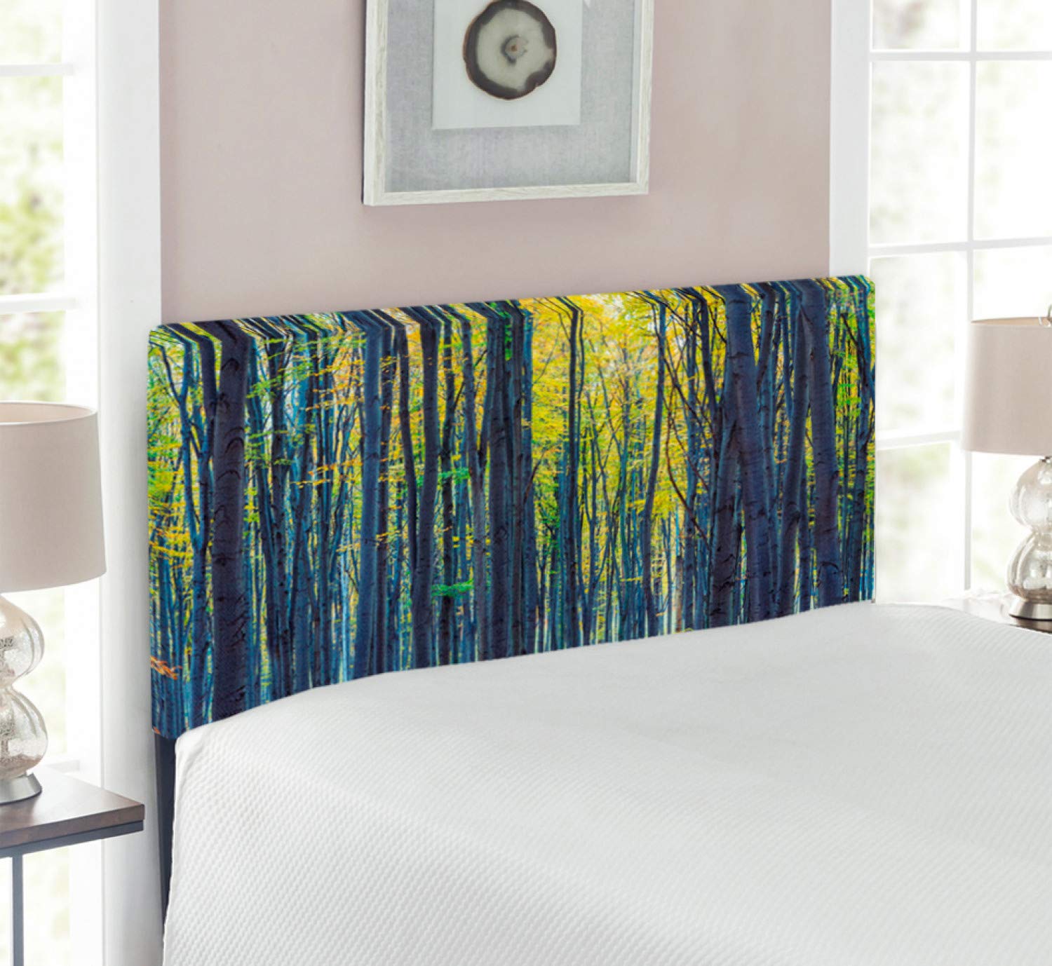 Ambesonne Fall Headboard - Beach Autumn Forest with Thin Deciduous Trees in European Wilderness | Upholstered Decorative Metal Bed Headboard with Memory Foam | Twin Size Grey Green | Perfect for Bedroom Decor, Guest Rooms & Cozy Cabin Retreats