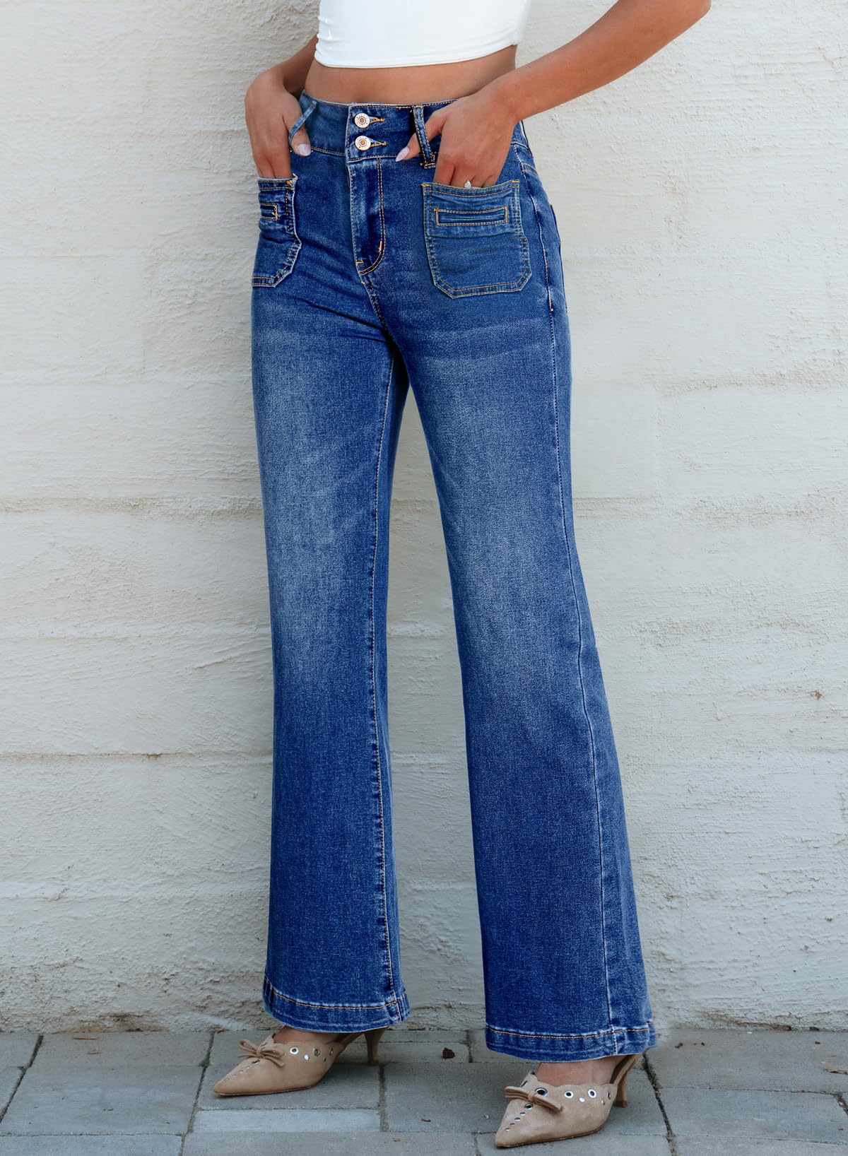 Sidefeel Women's High Waisted Wide Leg Jeans - Tummy Control Stretchy Denim Pants with Front Pockets & Zipper | Casual Comfort for Work, Travel & Everyday Wear