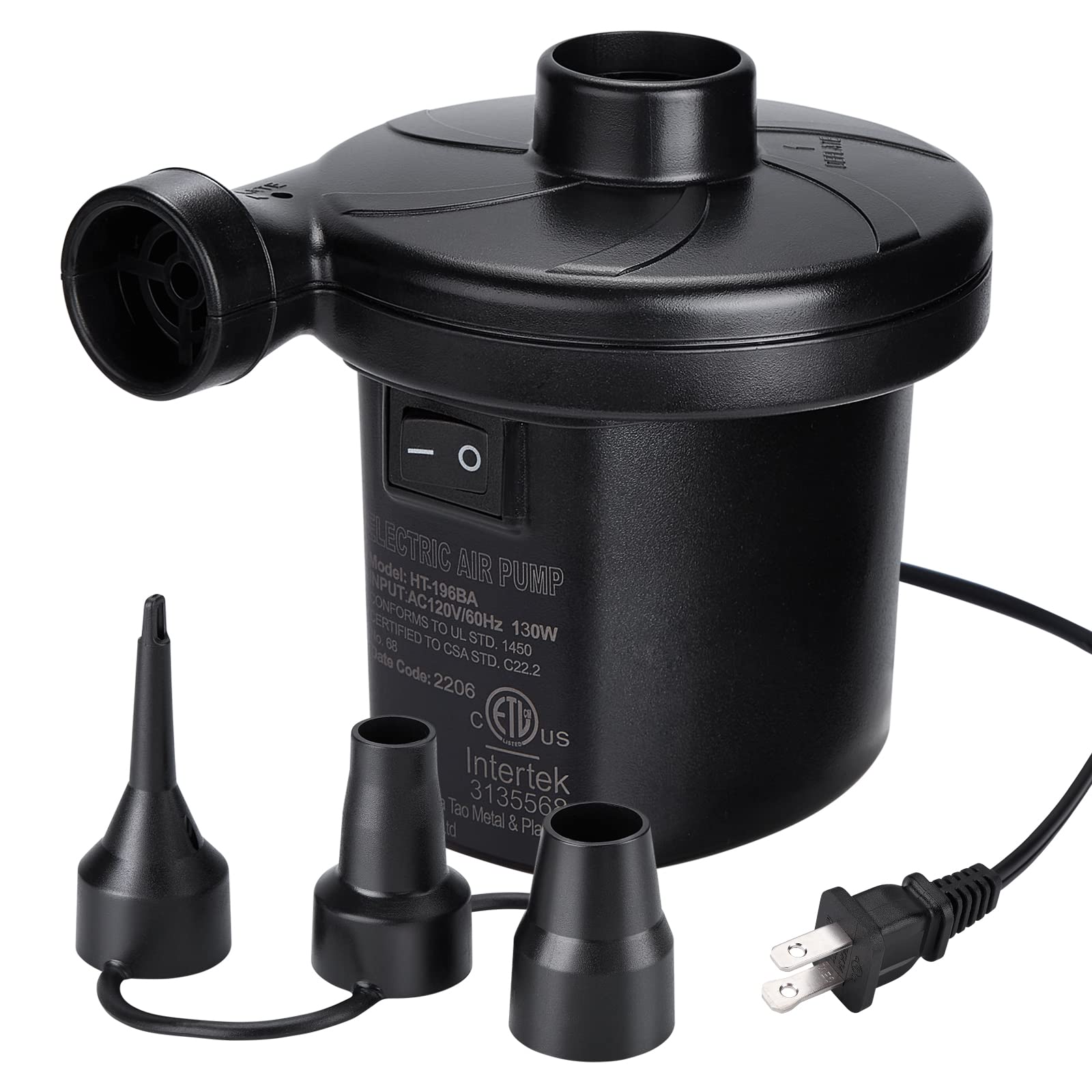 CAMULAND 130W Electric Air Pump with 3 Nozzles - Fast Inflation for Air Mattress, Inflatable Couch, Pool Floats, Rafts & Boats - Portable Air Pump for Camping, Beach Trips & Home Use