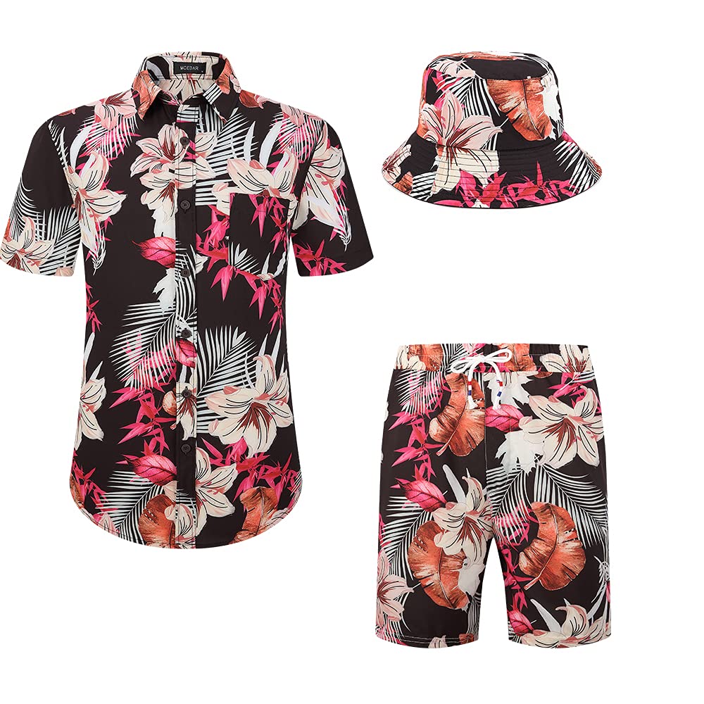 MCEDAR Men's Hawaiian Shirt and Shorts Set - Tropical Floral Beach Vacation Outfit with Bucket Hat | Casual Button Down Shirt & Matching Shorts for Summer, Pool Party, and Island Getaways