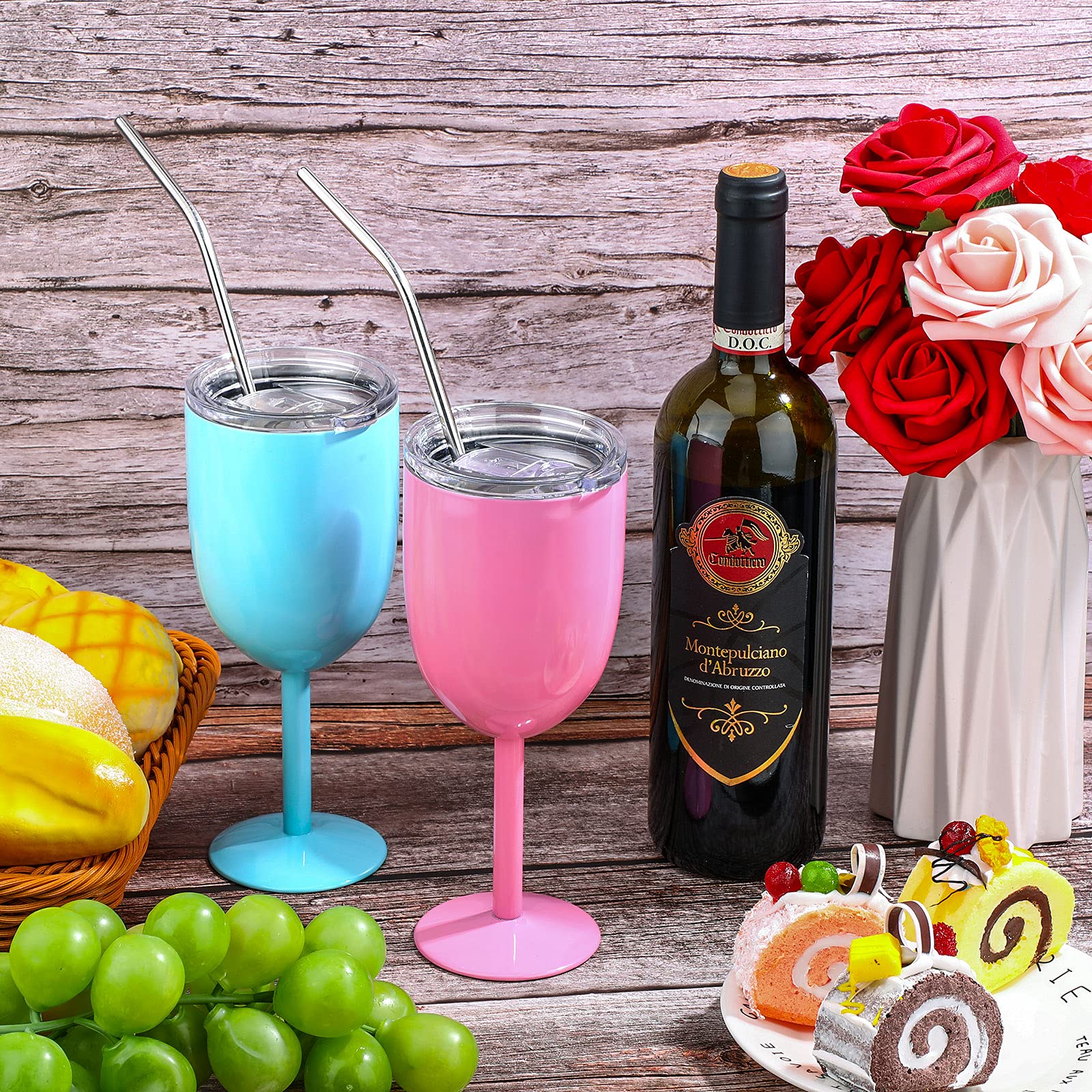 Insulated Stainless Steel Wine Glasses with Lid - 10 oz Double Wall Unbreakable Wine Tumblers Set of 3 (Pink, Purple, Light Blue) - Includes Drinking Straw & Straw Brush - Perfect for Outdoor Picnics, Parties & Travel