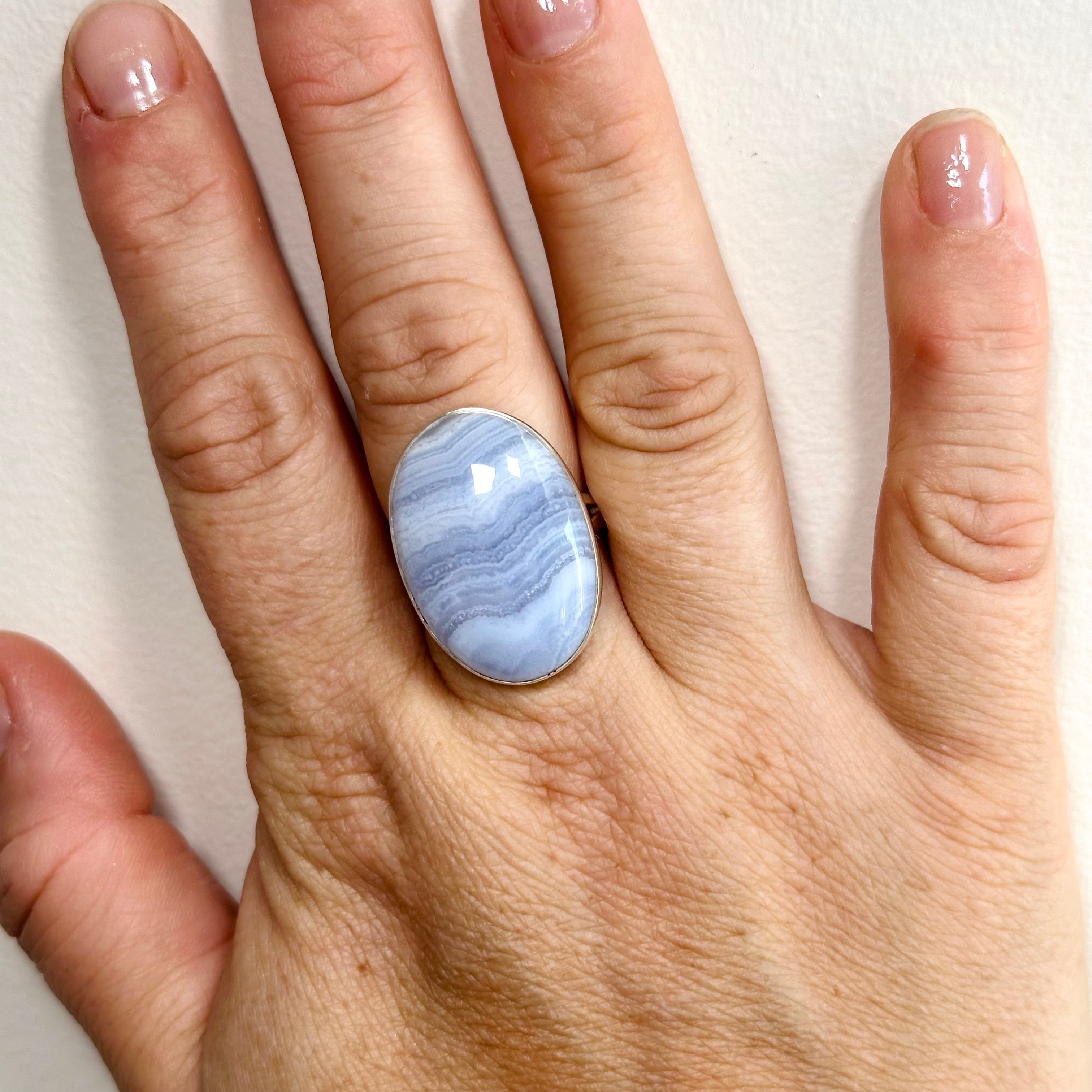 Blue Lace Agate Oval Cabochon Ring - Size 9 - Sterling Silver Handmade Jewelry - KRGJ3376 - Perfect for Boho Fashion, Wedding & Gift Giving