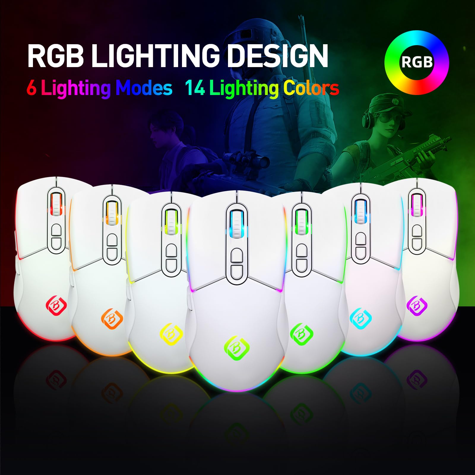 JYCSTE Wireless Gaming Mouse, Dual Mode 2.4GHz/Bluetooth 5.1, RGB Backlit Ergonomic Mouse with 6 Buttons, Rechargeable Computer Mouse for PC, Mac, Laptop (White) - Perfect for Gaming, Office Work, and Home Use