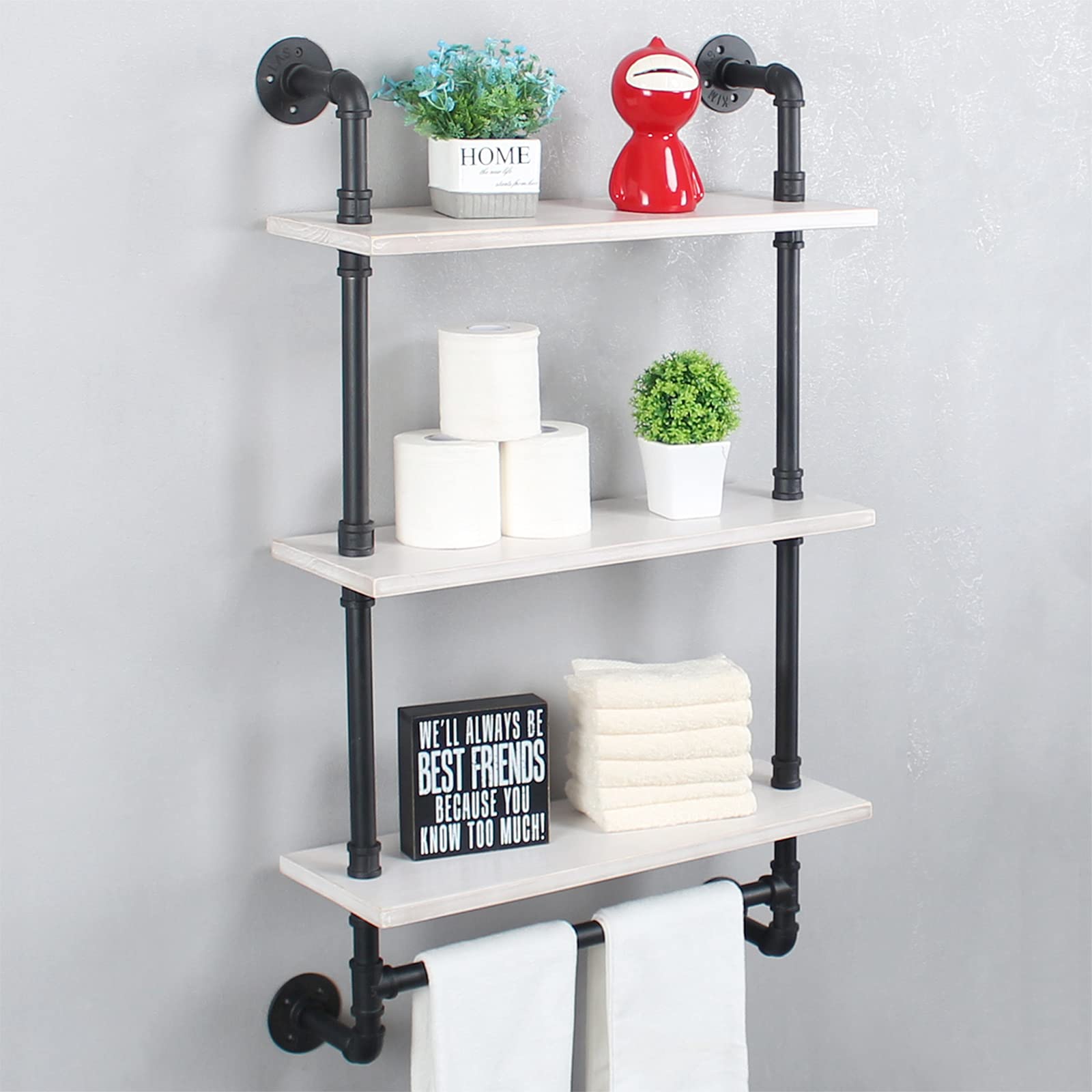 Industrial Pipe Shelving Set - 3-Tier Rustic Metal Floating Wall Shelf with Towel Bar (24 Inch, Black & White) - Heavy Duty Bathroom & Kitchen Storage for Towels, Spices & Decor