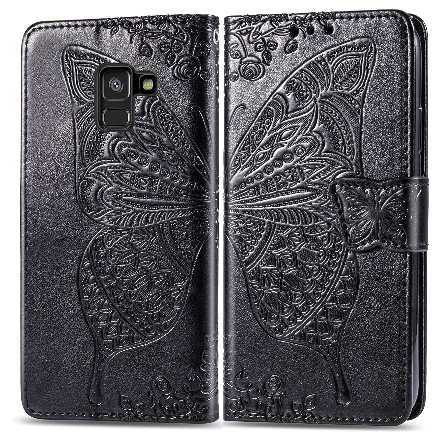 Premium Shockproof Flip Wallet Phone Case for Samsung Galaxy A8 2018 - Floral Butterfly Design with Wrist Strap & Holster | Stylish Protective Cover for Everyday Use, Travel, and Business