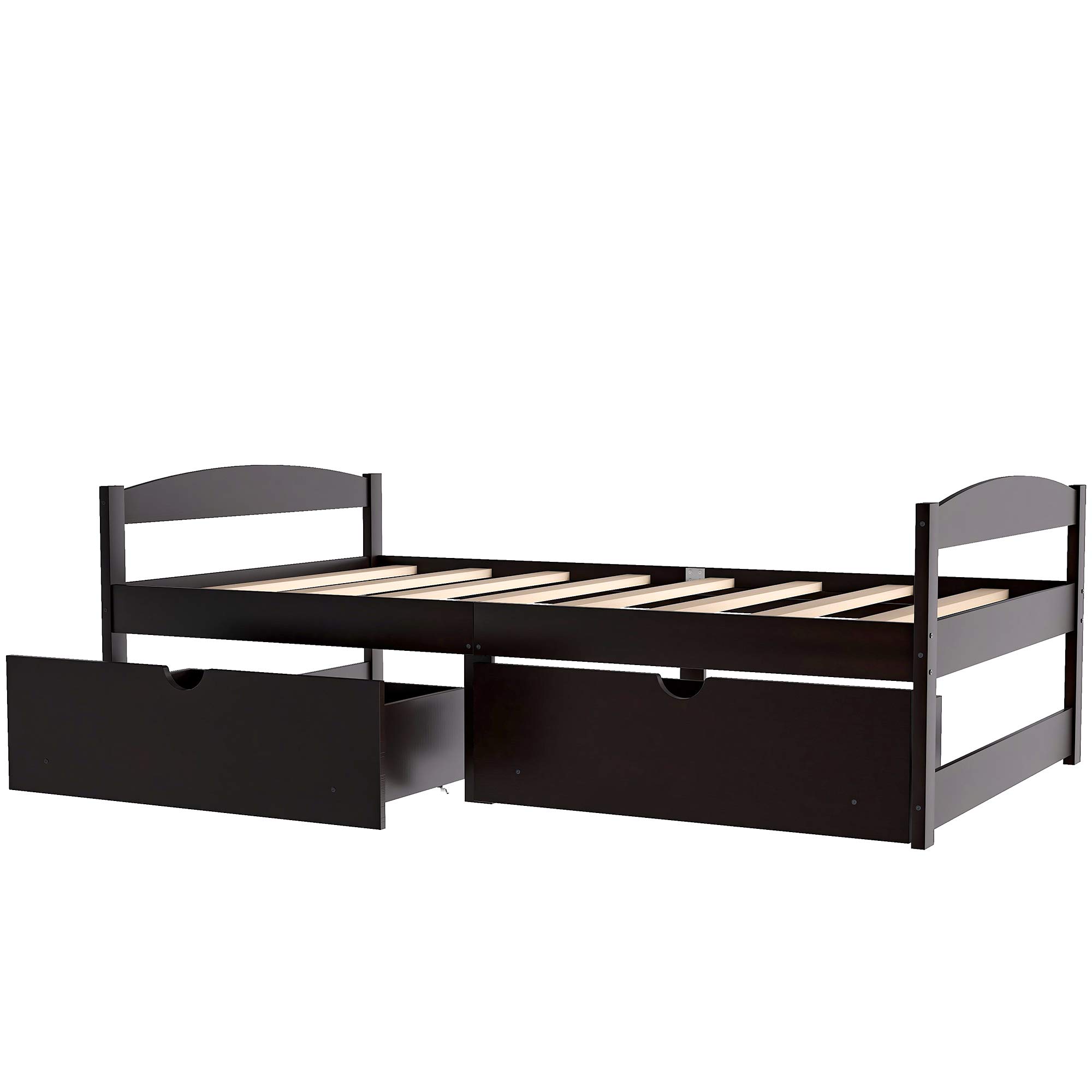 Polibi Twin Size Wood Platform Bed Frame with 2 Rolling Storage Drawers - Espresso Finish for Small Spaces, Kids Room & Guest Bedroom