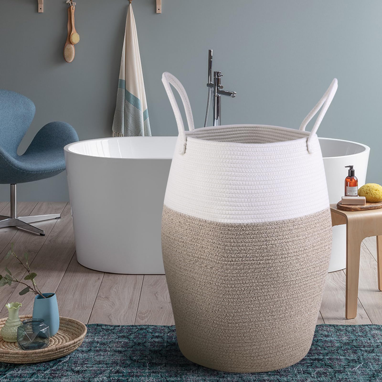 Large Woven Laundry Basket with Handles - Tall Nursery Hamper for Baby Clothes, Blankets & Towels | Round Storage Basket for Organizing Kids' Dirty Clothes & Living Room Essentials | Decorative Fabric Cotton Basket in Brown-White | Perfect for Nursery, Bedroom & Bathroom Storage